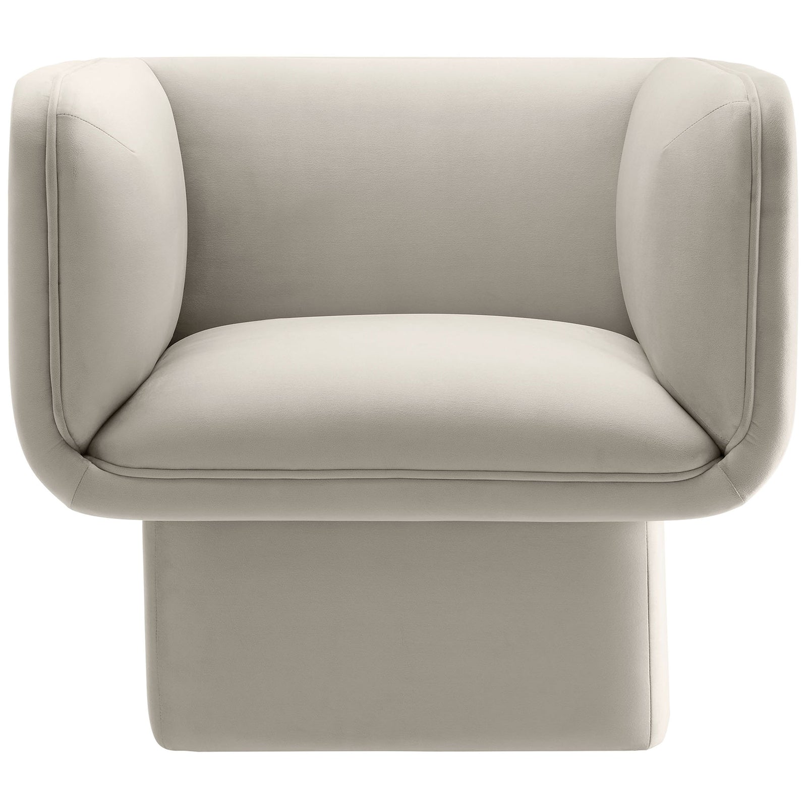 Barrel-inspired accent chair in almond performance velvet with plush fixed seat and sculpted pedestal base || EEI-6995-ALM || front_studio