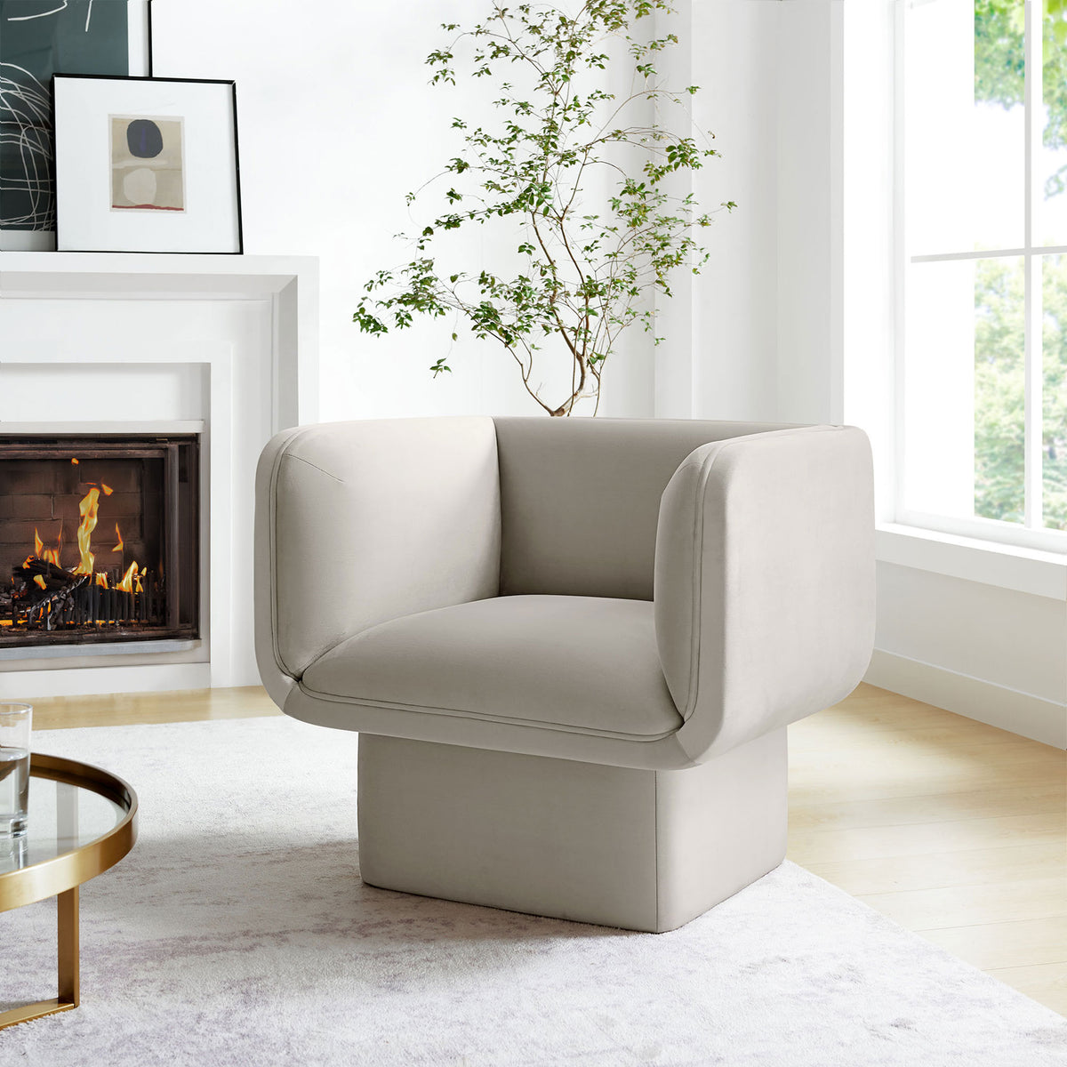 Almond velvet chair elevates the living room with cozy cushioning and clean, contemporary lines || EEI-6995-ALM || front_angle_room