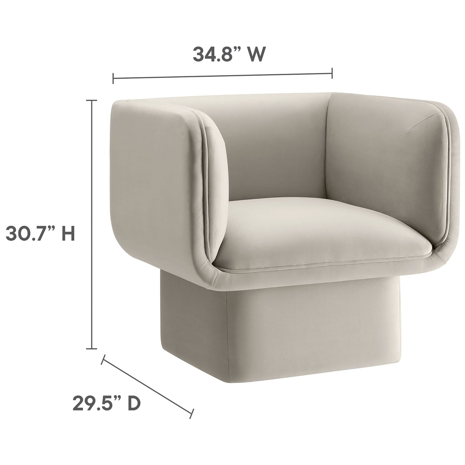 Spacious proportions are detailed with dimensions for the wide seat, wraparound arms, and low pedestal base || EEI-6995-ALM || dimension_studio