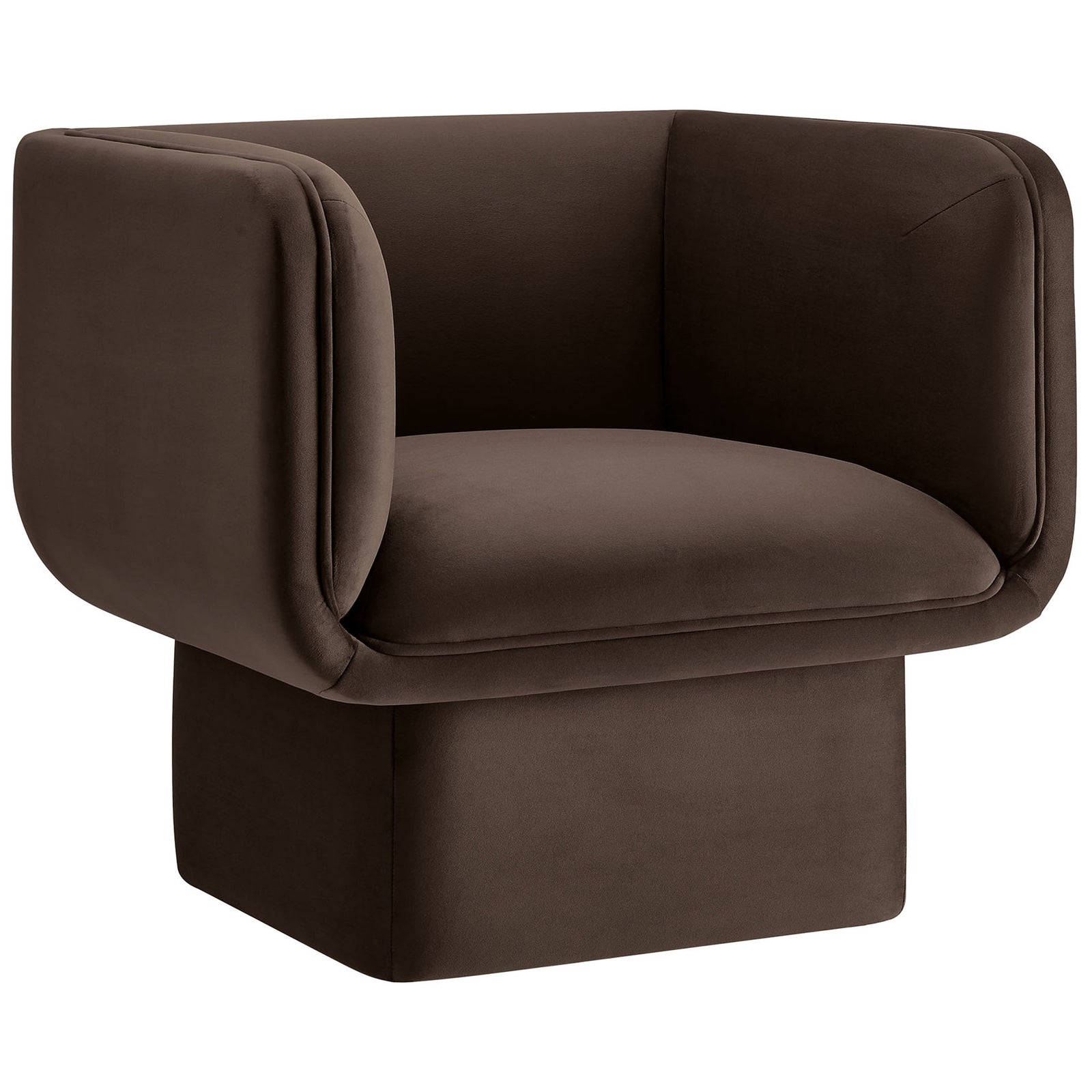 Modern barrel silhouette on a pedestal base, upholstered in soft, stain-resistant velvet || EEI-6995-CHB || front_angle_studio
