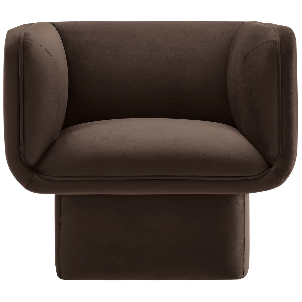 Square-armed accent chair in chocolate performance velvet with tailored piping and plush cushioning || EEI-6995-CHB || front_studio