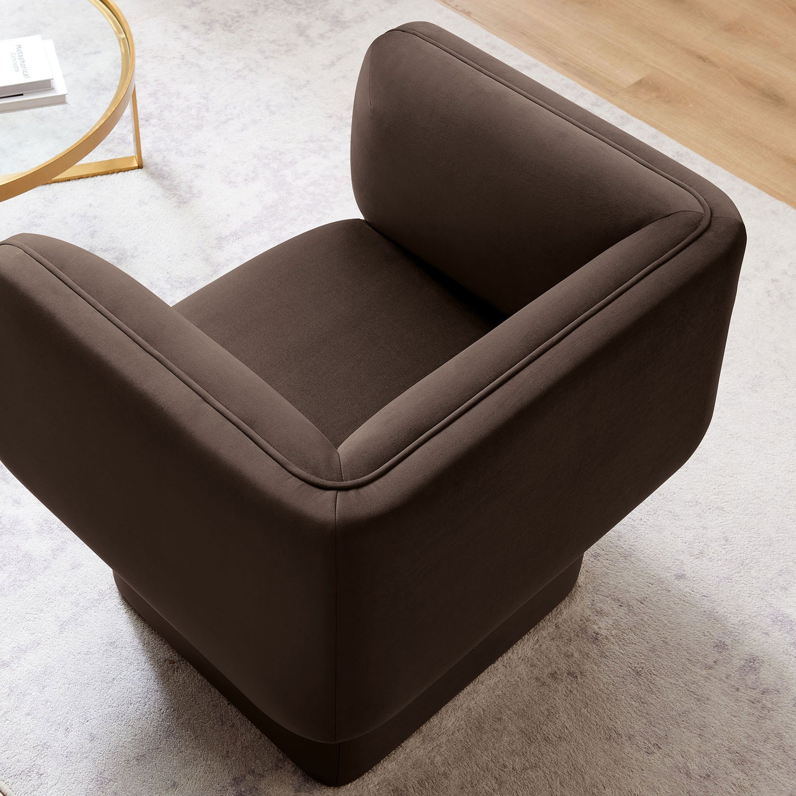 Generous seat with wraparound arms offers lounge-worthy comfort and modern appeal || EEI-6995-CHB || top_angle_room