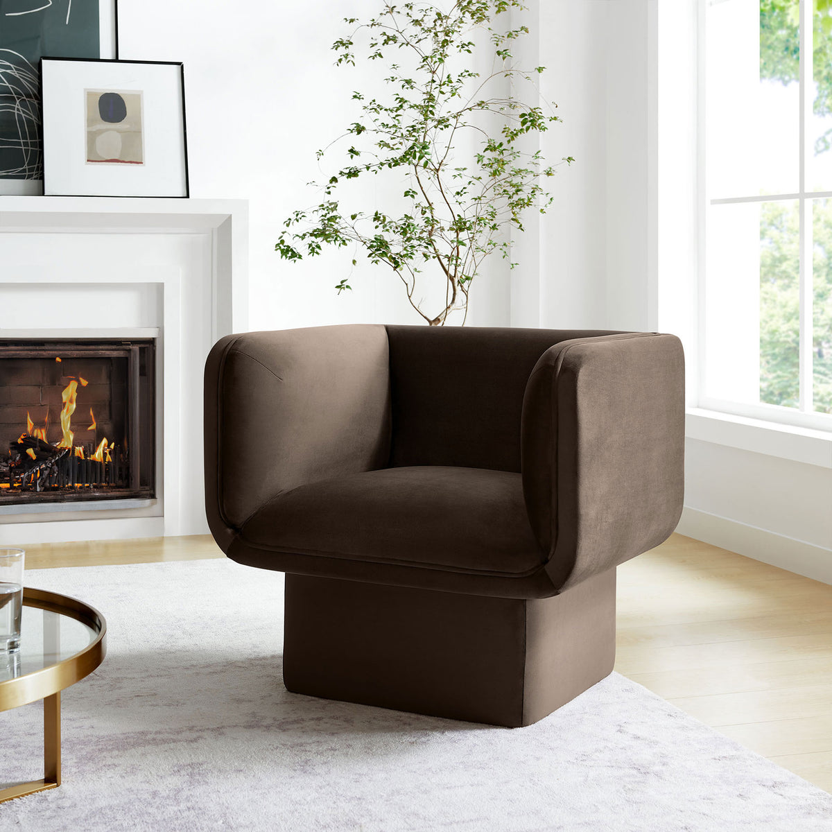 Inviting velvet chair brings warm chocolate tones and plush support to any living space || EEI-6995-CHB || front_angle_room