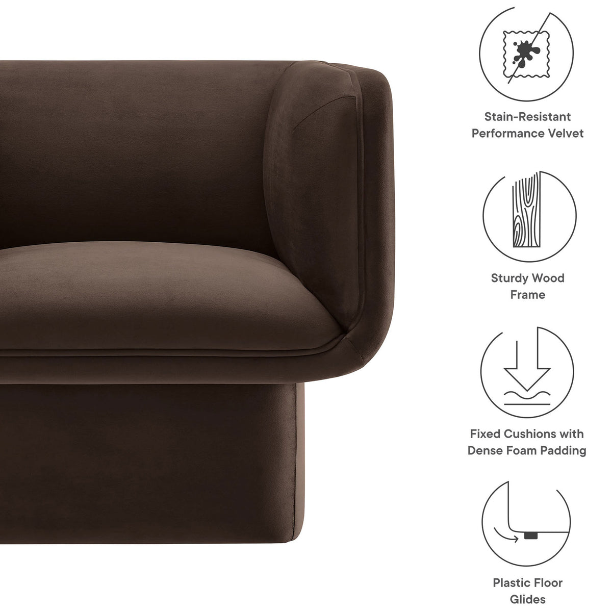 Performance velvet, dense foam cushions, and wood frame with floor glides for lasting comfort || EEI-6995-CHB || callout_studio