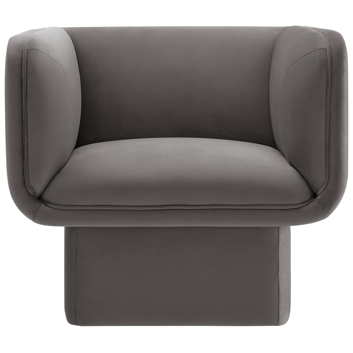 Sculptural accent chair with plush performance velvet and tailored piping on a modern plinth base || EEI-6995-STG || front_studio