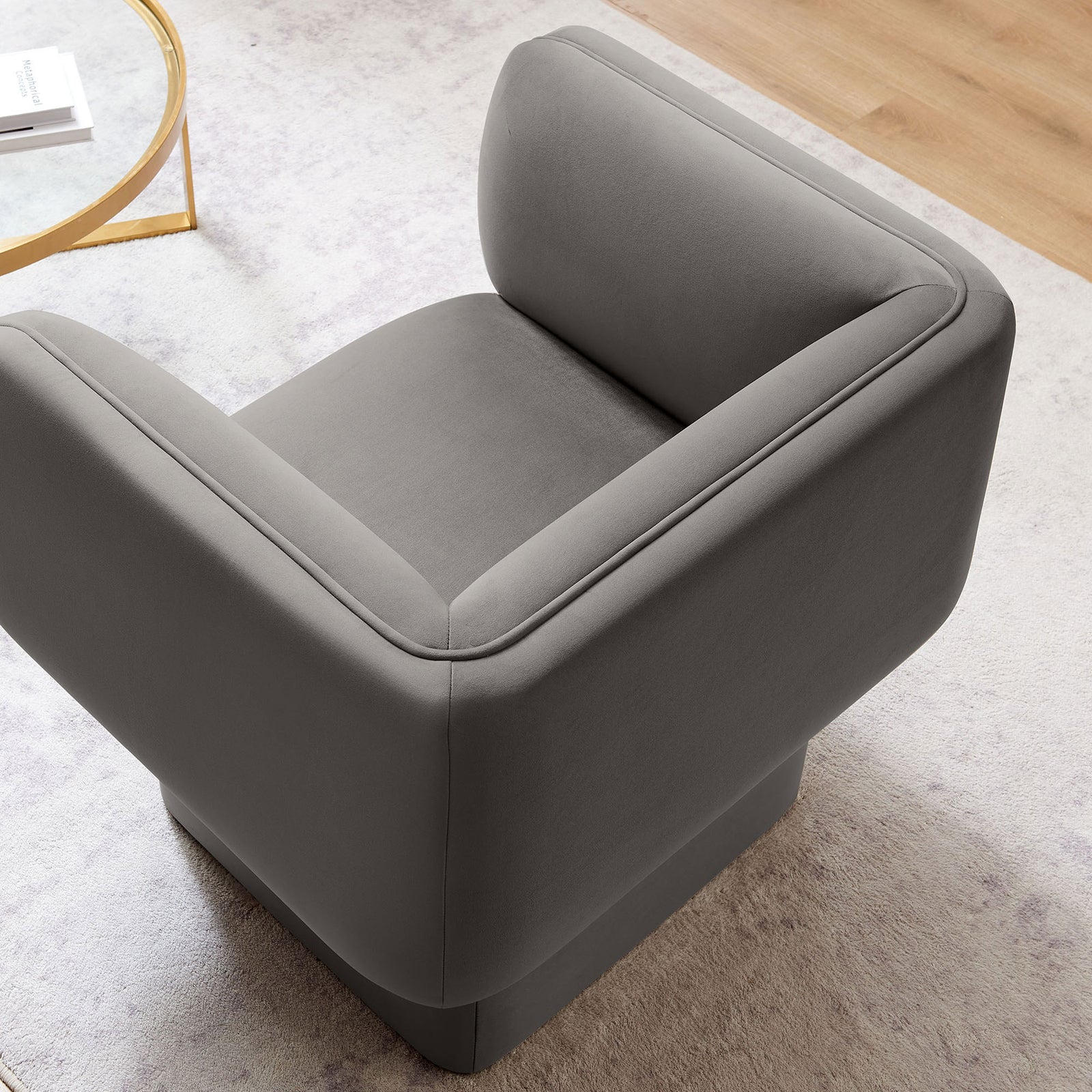 Storm gray velvet chair styled in a bright living space with cozy, contemporary appeal || EEI-6995-STG || detail_room