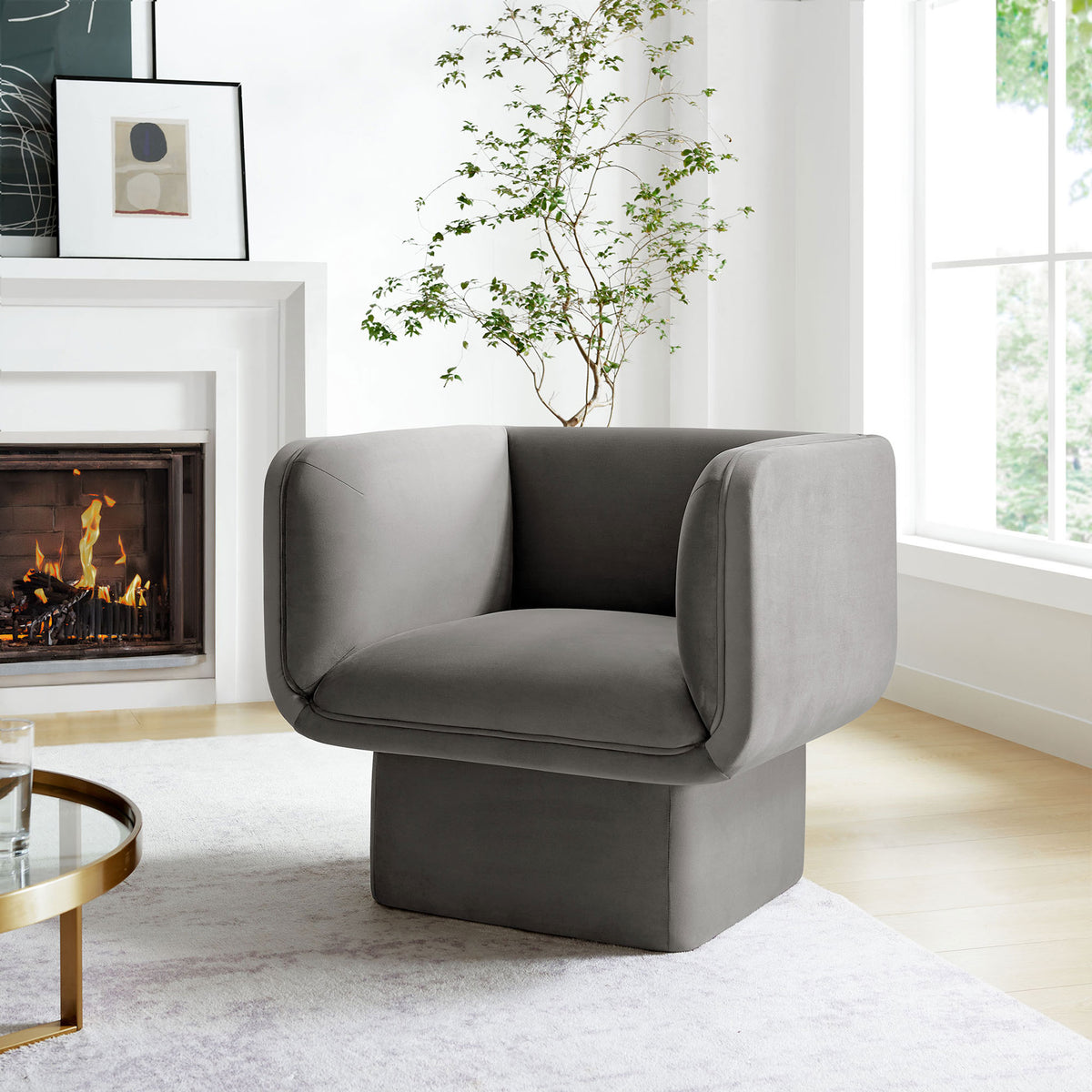 Inviting modern accent chair elevates the living room with plush velvet and sculpted lines || EEI-6995-STG || front_room