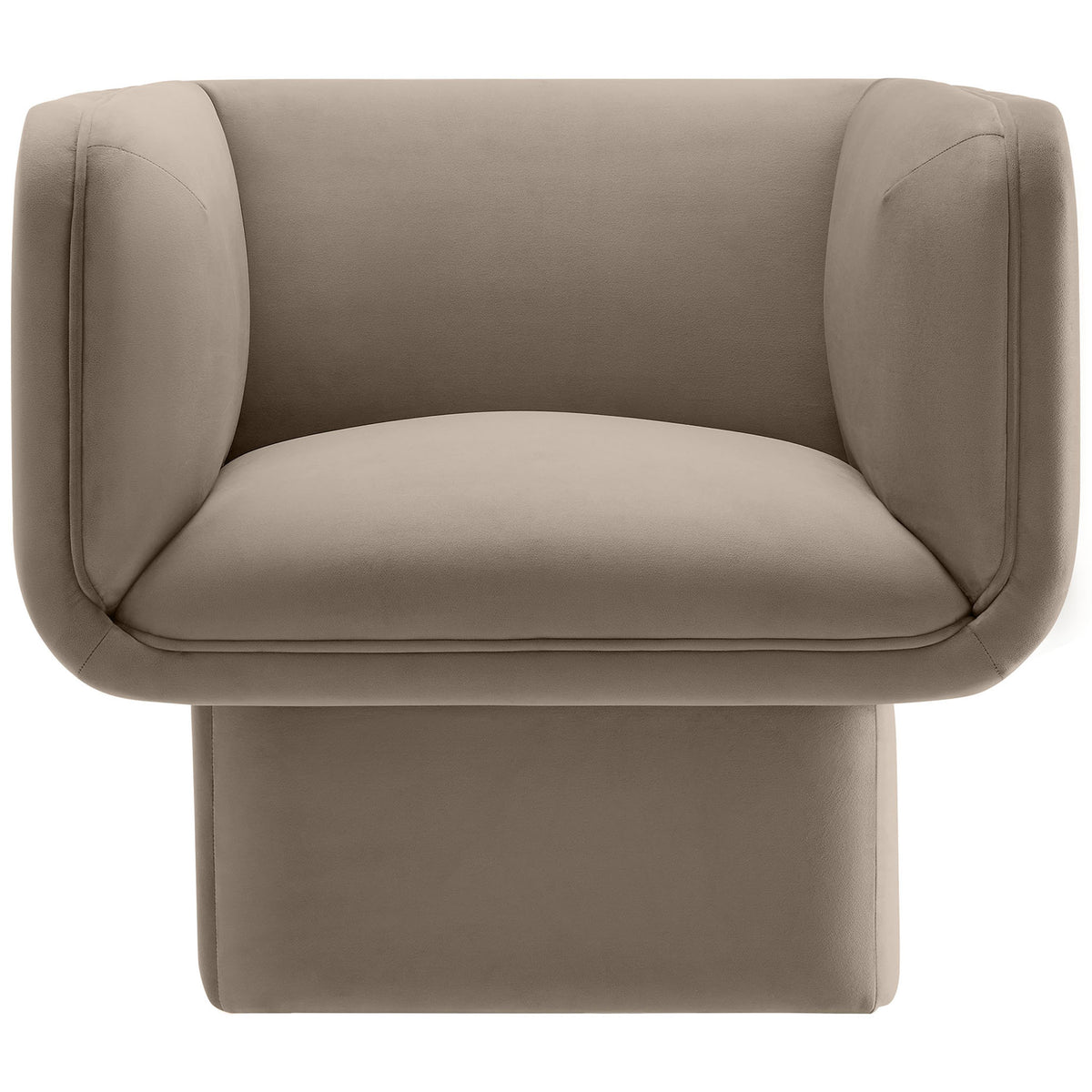 Square-arm taupe velvet accent chair with plush fixed seat and pedestal base. || EEI-6995-TAU || front_studio