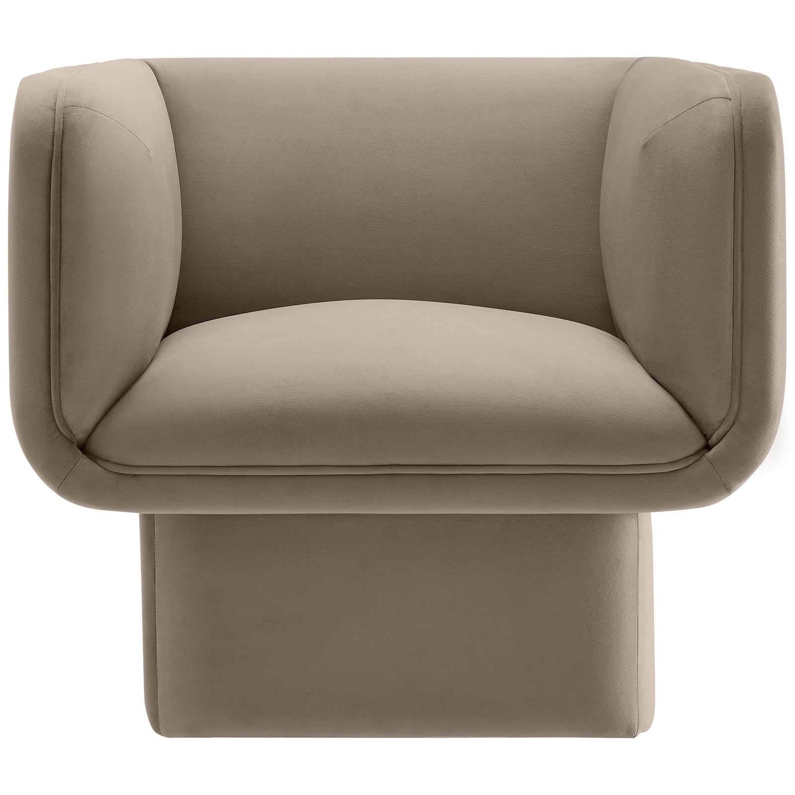 Square-arm taupe velvet accent chair with plush fixed seat and pedestal base. || EEI-6995-TAU || front_studio