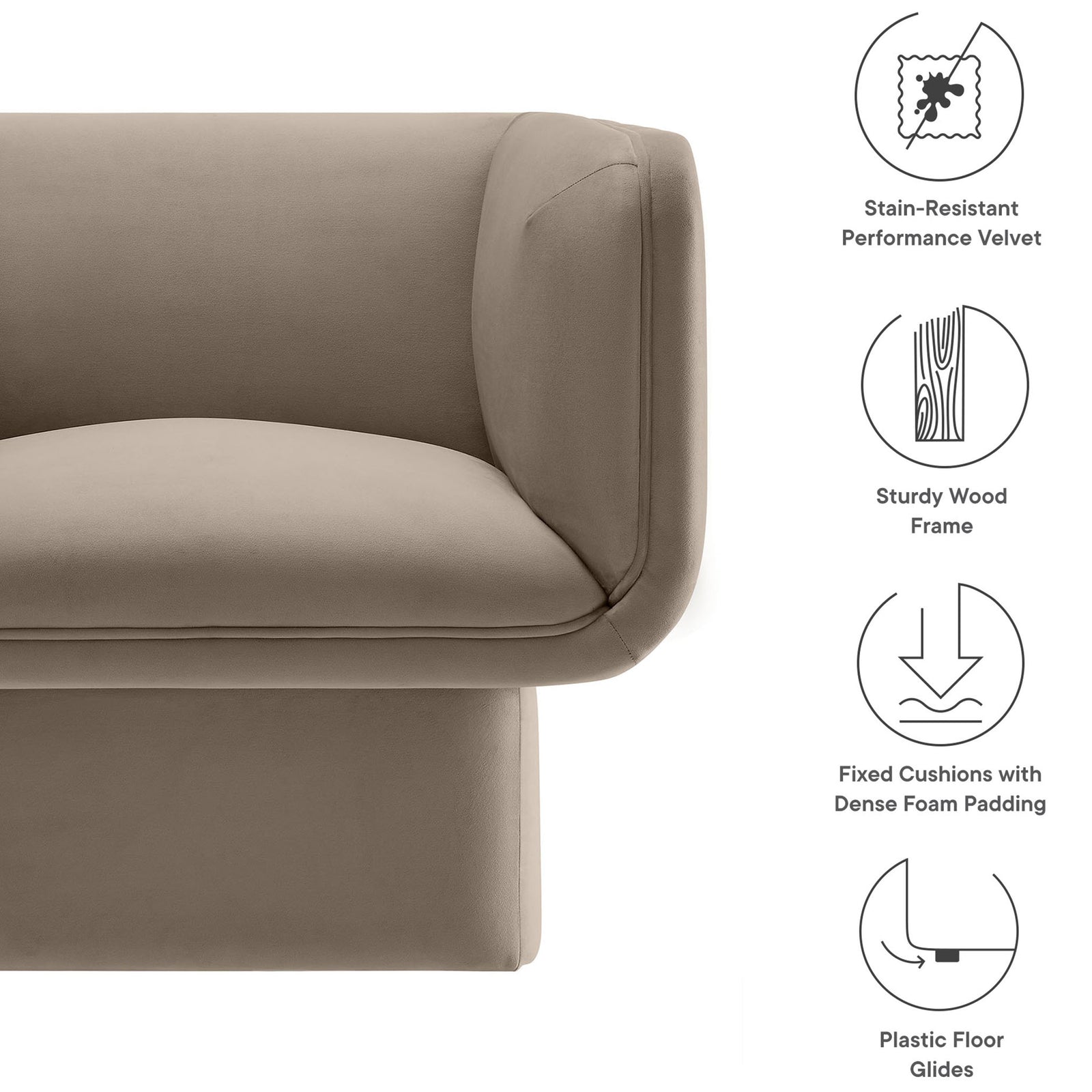 Stain-resistant performance velvet, dense foam cushions, and a sturdy wood frame for daily comfort. || EEI-6995-TAU || callout_studio