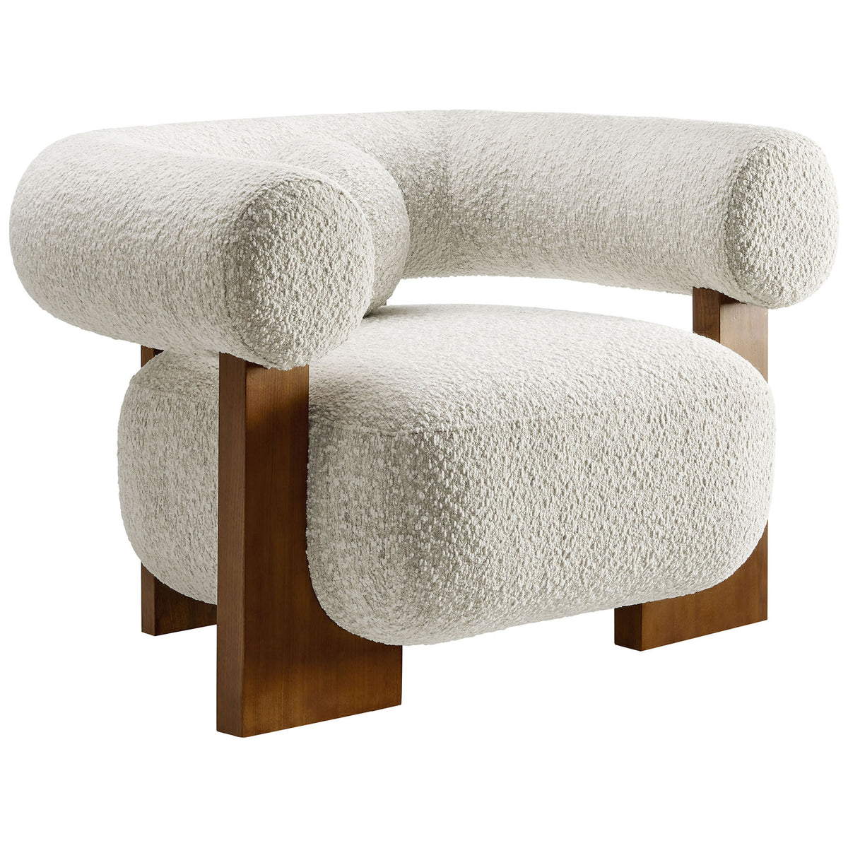 Curvy barrel silhouette in textured boucle with open-frame ash legs for modern warmth. || EEI-6996-PRL || front_angle_studio