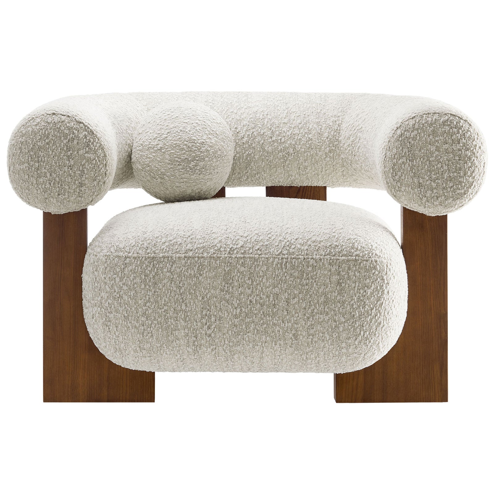 Pearl boucle chair with a U-shaped backrest, oversized seat, round pillow, and warm ash wood legs. || EEI-6996-PRL || front_studio