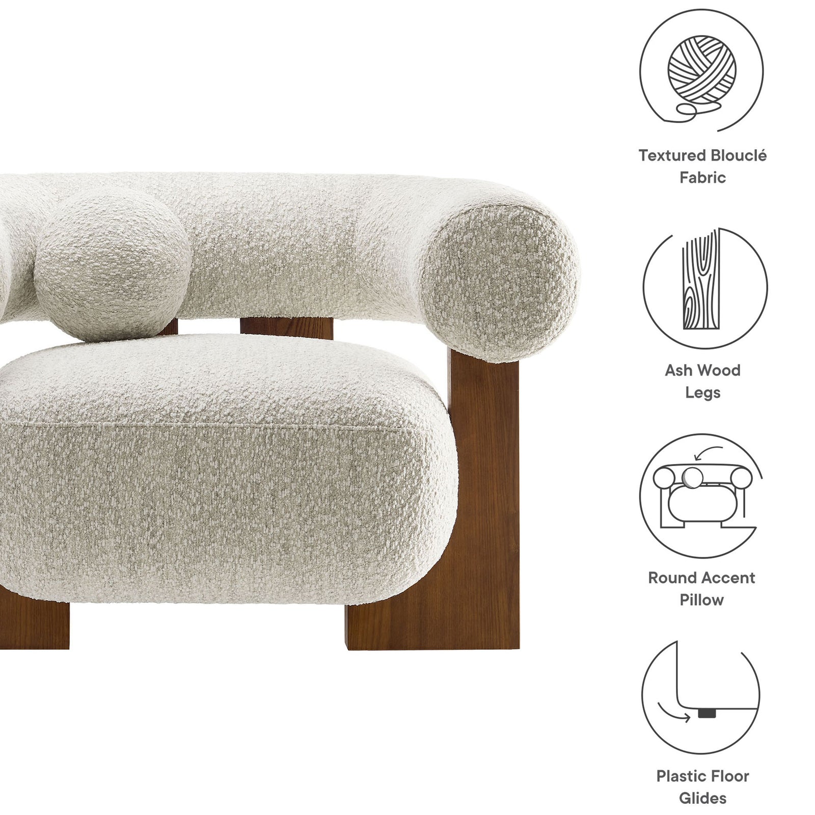 Key features include textured boucle, ash legs, a round pillow, and protective floor glides. || EEI-6996-PRL || callout_studio