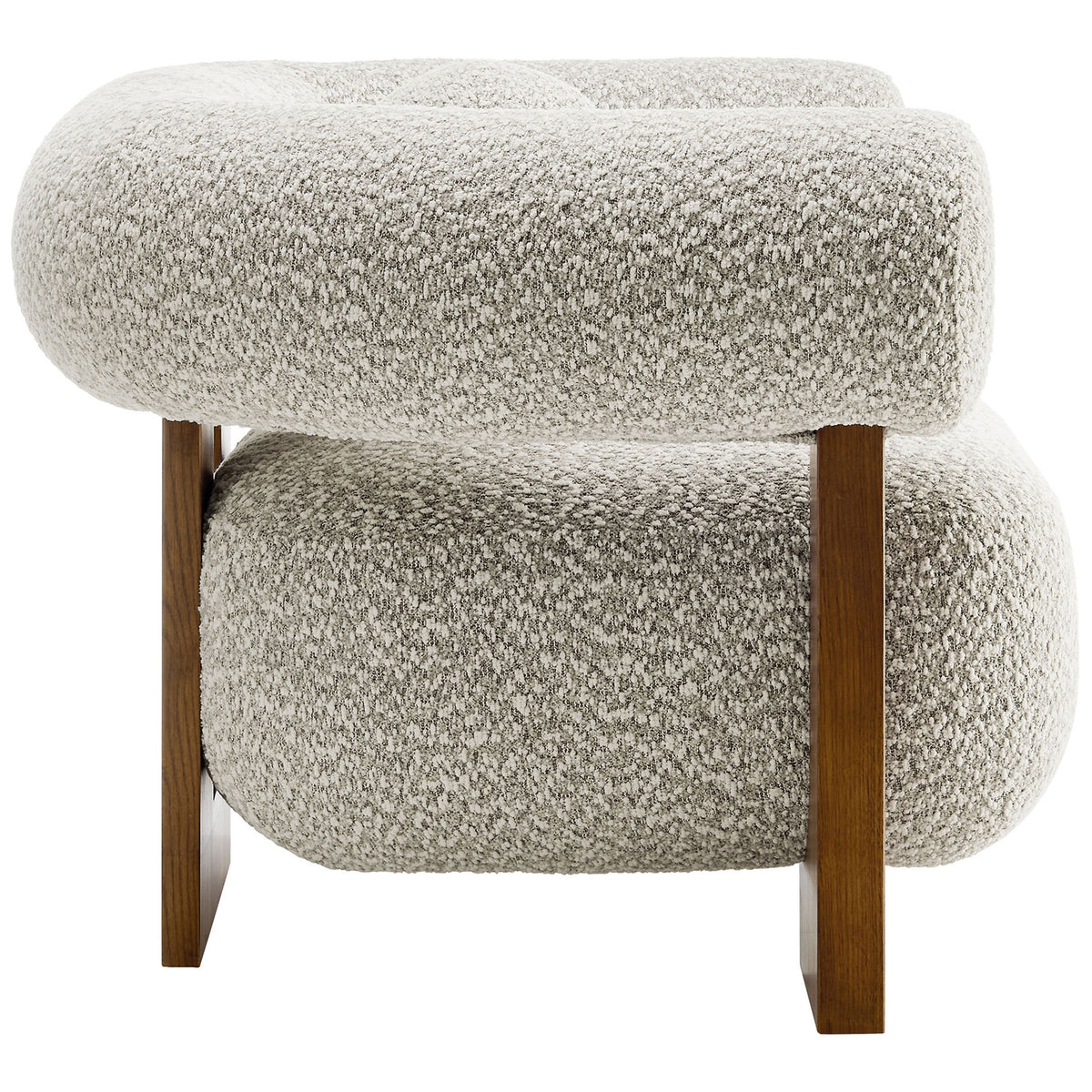 Thick, rounded cushions in textured boucle offer cozy comfort, anchored by warm ash wood legs. || EEI-6996-RIV || side_studio