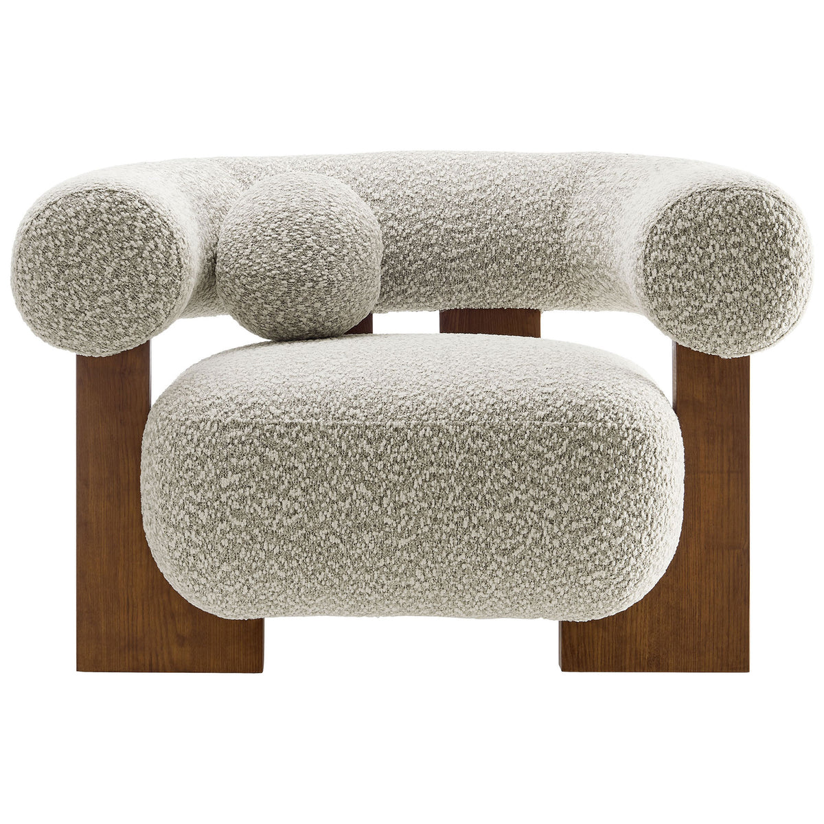 Curved boucle accent chair with U-shaped backrest, plush seat, round pillow, and ash wood legs in River Rock. || EEI-6996-RIV || front_studio