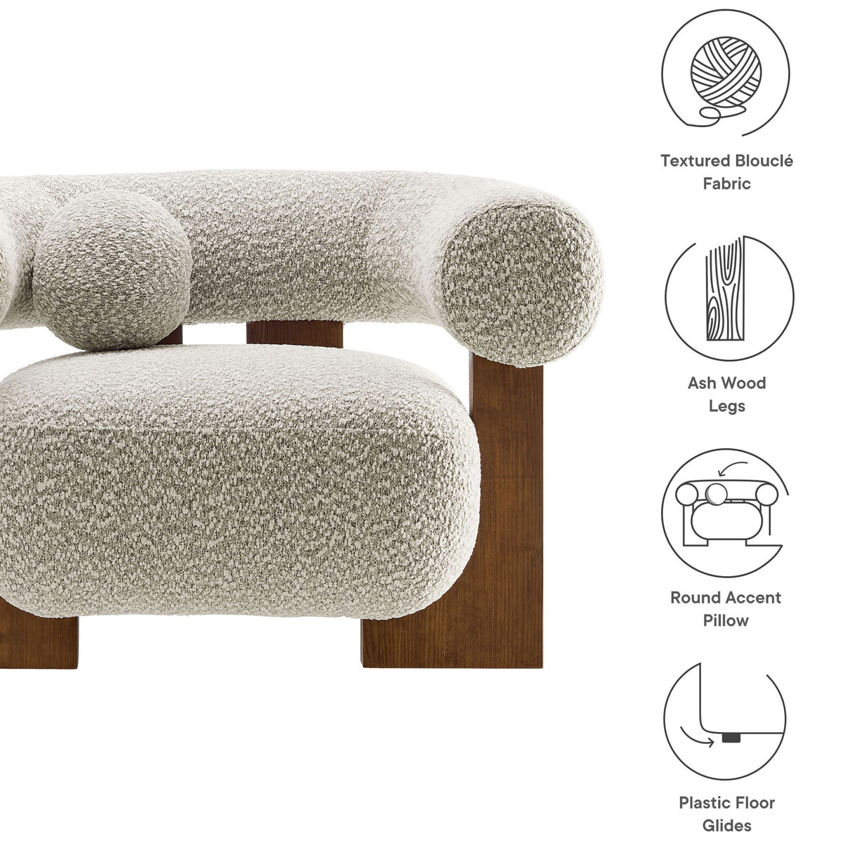 Textured boucle, ash wood legs, round accent pillow, and floor glides deliver style and everyday ease. || EEI-6996-RIV || callout_studio