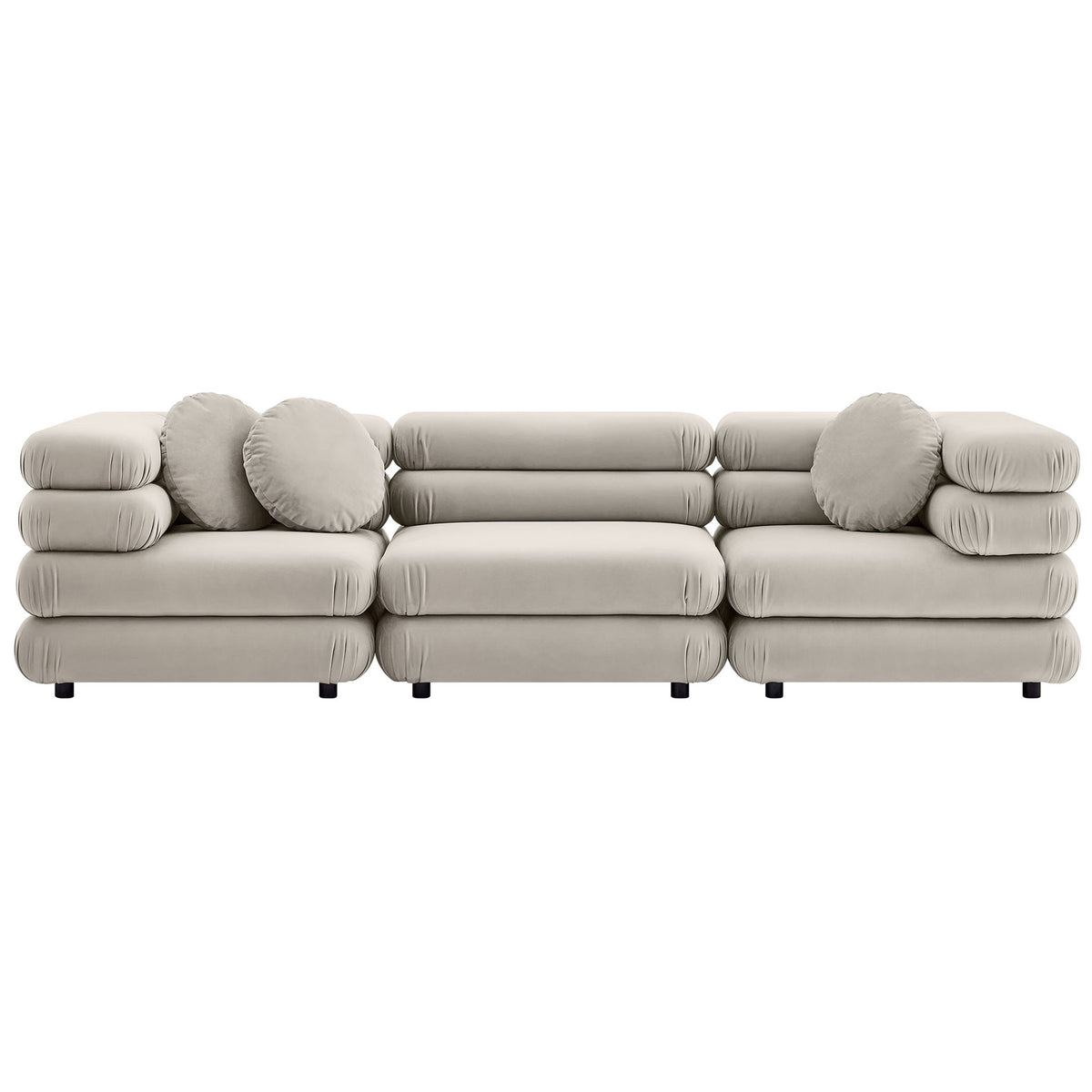 Almond velvet modular sectional sofa with three plush seats and three round accent pillows || EEI-7003-ALM || front_studio