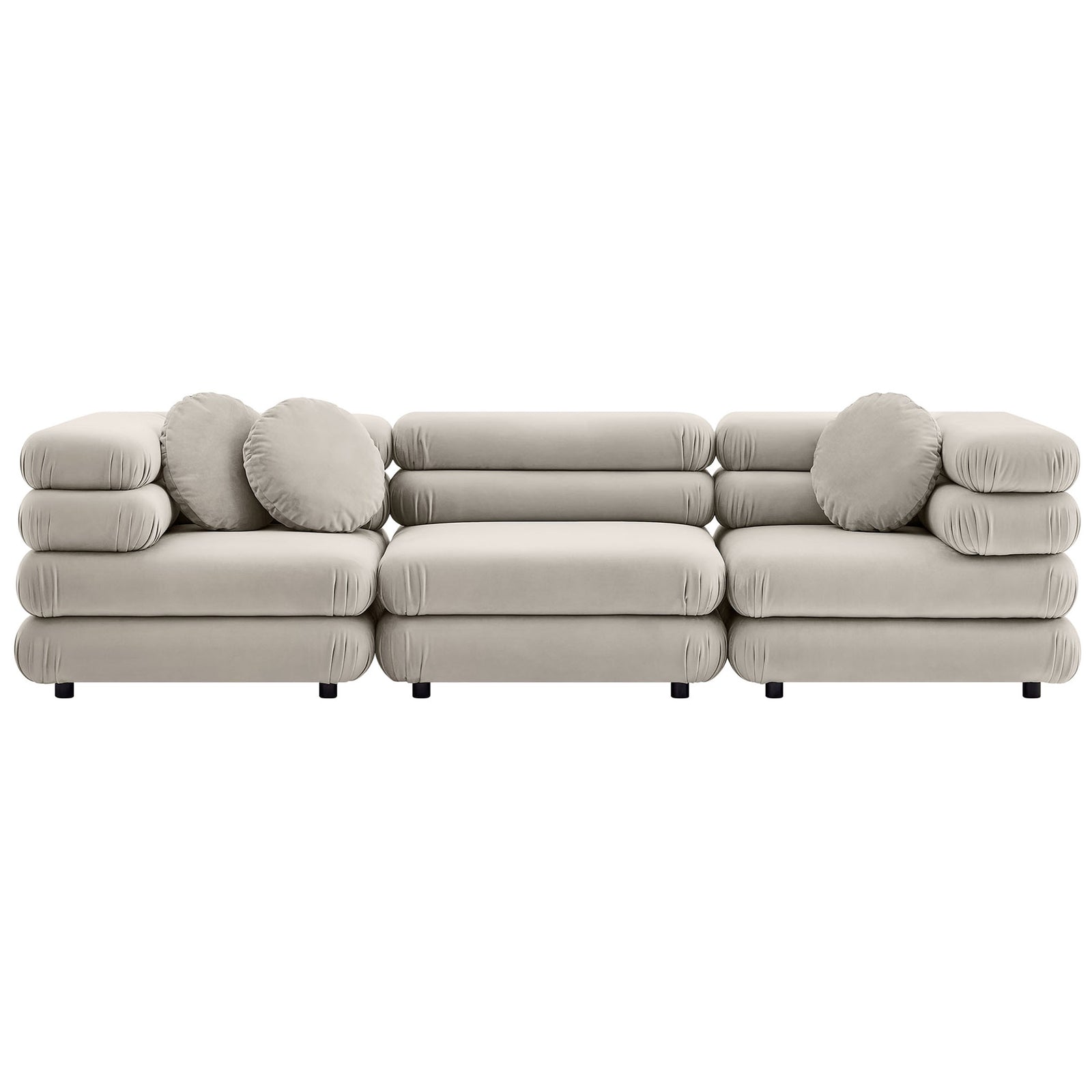 Almond velvet modular sectional sofa with three plush seats and three round accent pillows || EEI-7003-ALM || front_studio