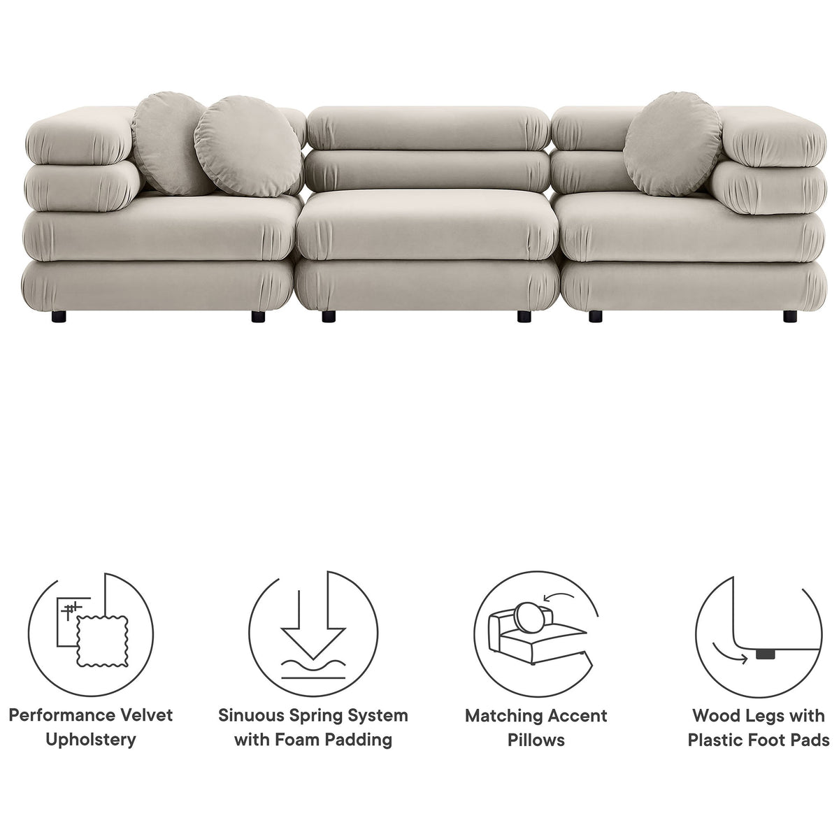 Sectional sofa with icons showing performance velvet, spring support, accent pillows, and floor-safe feet || EEI-7003-ALM || callout_studio