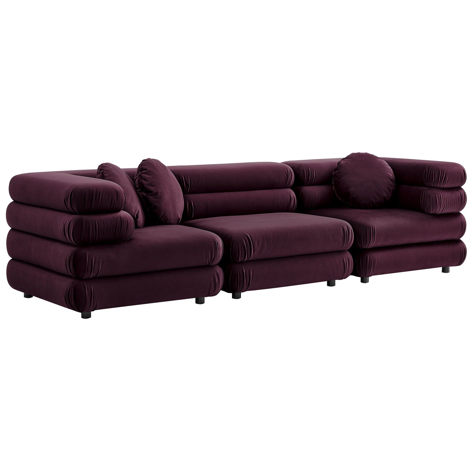 Low-profile mulberry performance velvet sectional showcasing cylindrical stacked cushions and compact black feet || EEI-7003-MUL || front_angle_studio