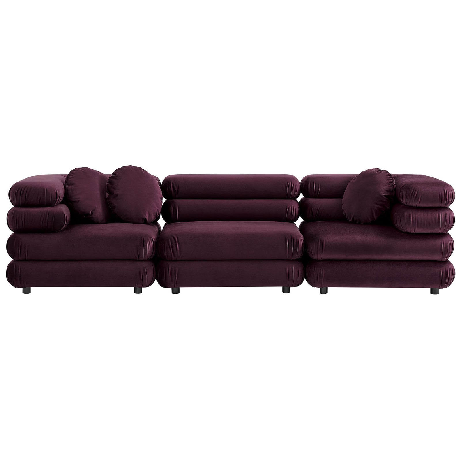 Mulberry velvet modular sectional with plush tiered cushions and three matching round pillows for luxe lounging || EEI-7003-MUL || front_studio