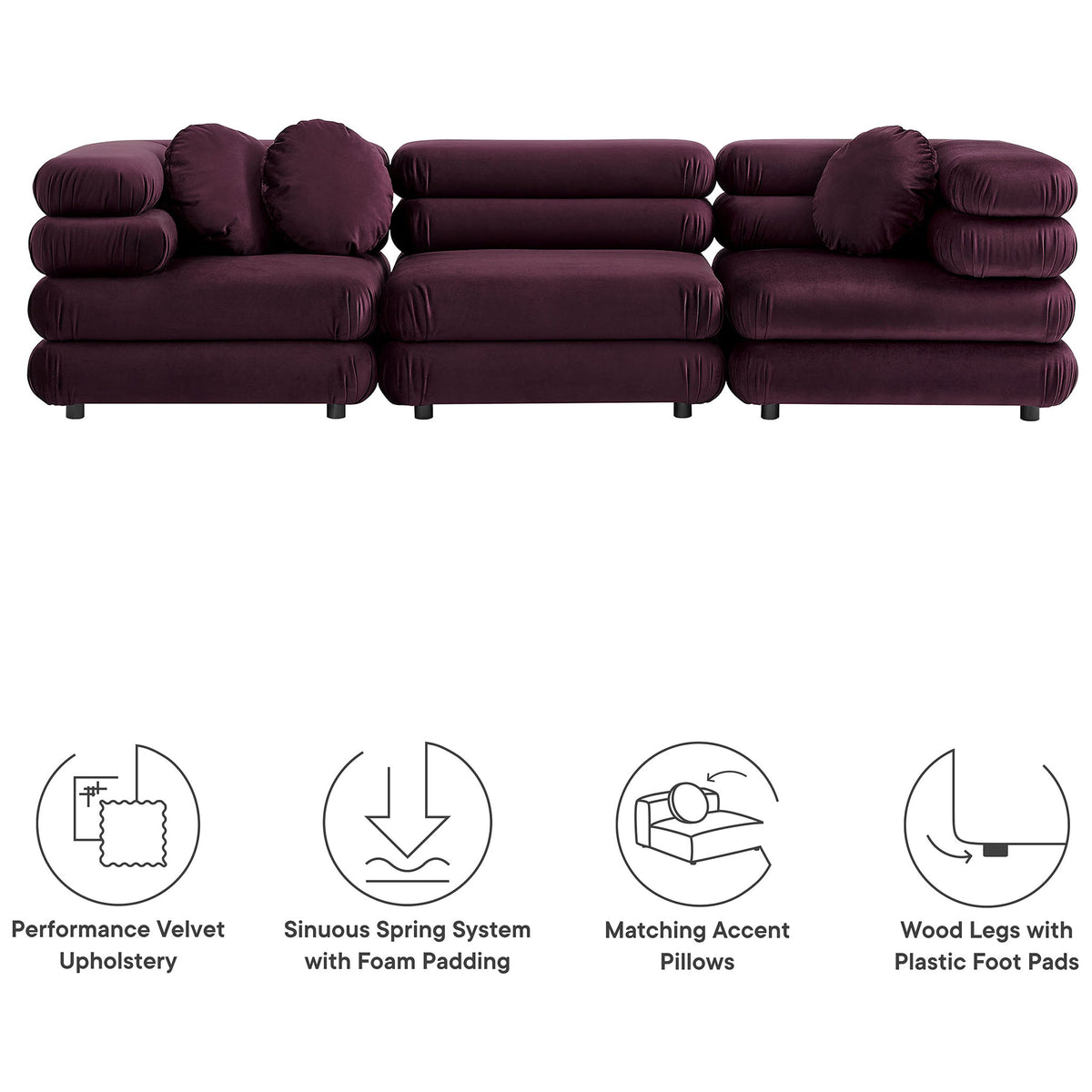 Mulberry velvet modular sectional with icons highlighting performance upholstery, spring support, and matching pillows || EEI-7003-MUL || callout_studio
