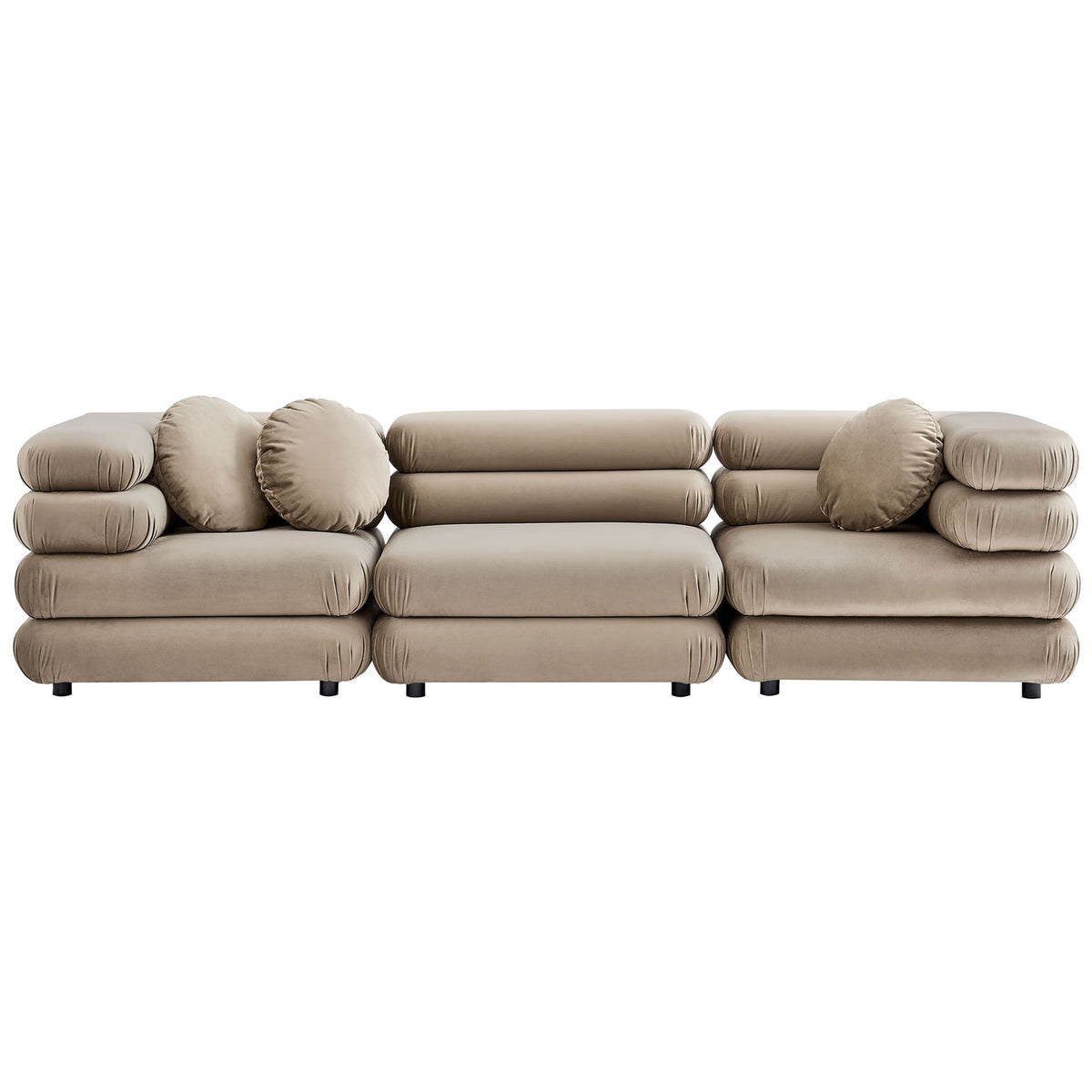 Taupe velvet three piece Jubilee modular sectional with stacked cushions and three round accent pillows || EEI-7003-TAU || front_studio