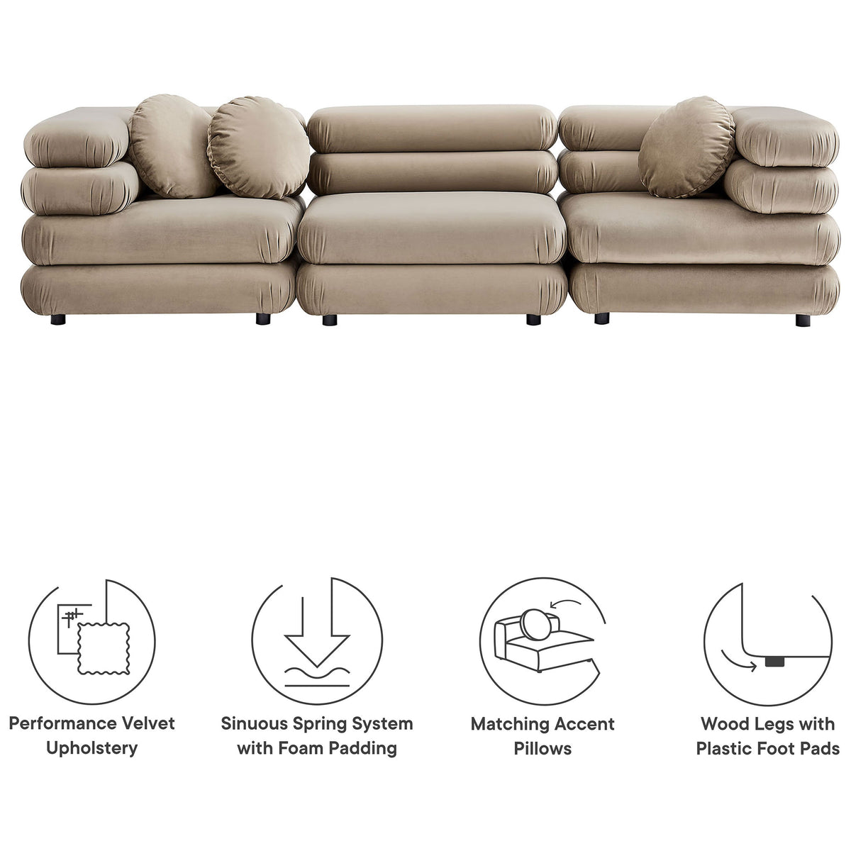 Taupe Jubilee modular sectional with feature icons highlighting performance velvet, support springs, and accent pillows || EEI-7003-TAU || callout_studio