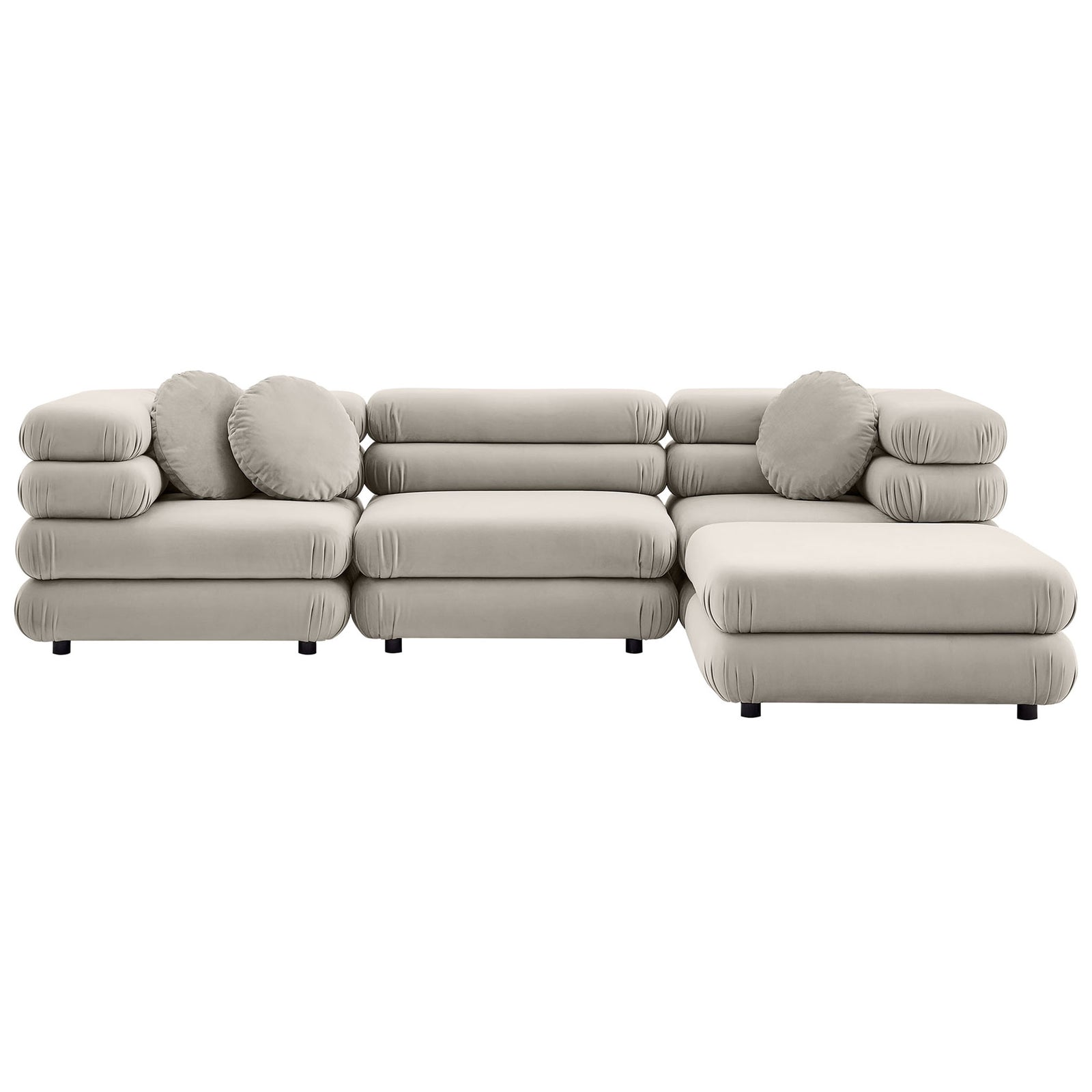 Almond modular sectional sofa with ottoman, three round accent pillows, and plush stacked seating || EEI-7004-ALM || front_studio