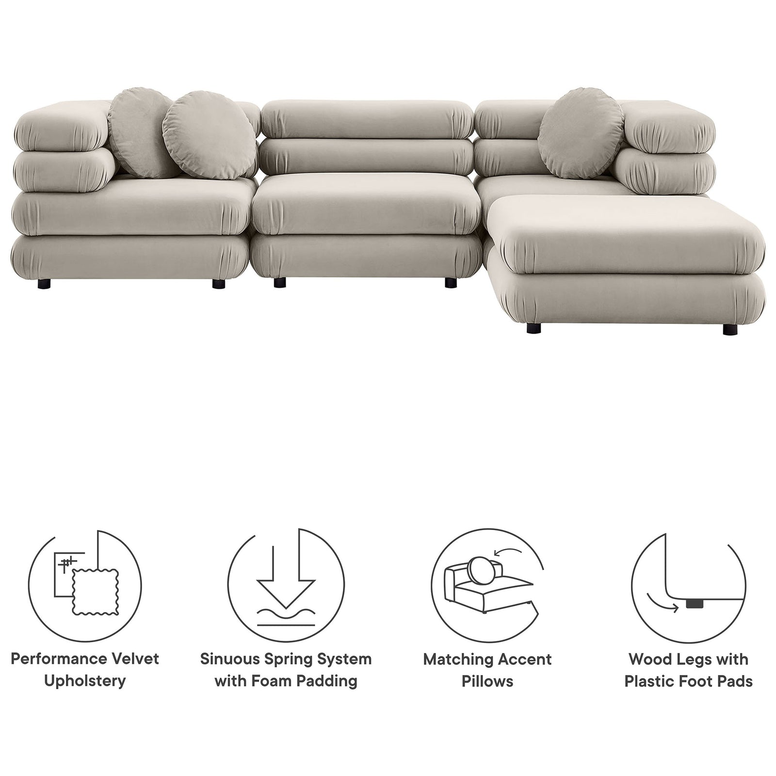Almond modular sectional sofa with ottoman and icons emphasizing performance velvet, springs, and accent pillows || EEI-7004-ALM || callout_studio
