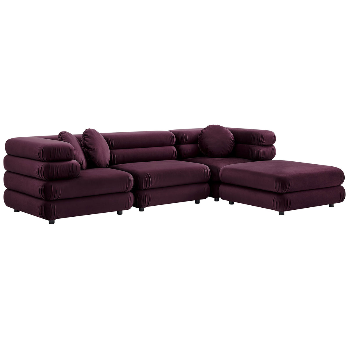 Layered cylindrical cushions and plush mulberry velvet create a sculptural modular sectional with generous chaise || EEI-7004-MUL || front_angle_studio