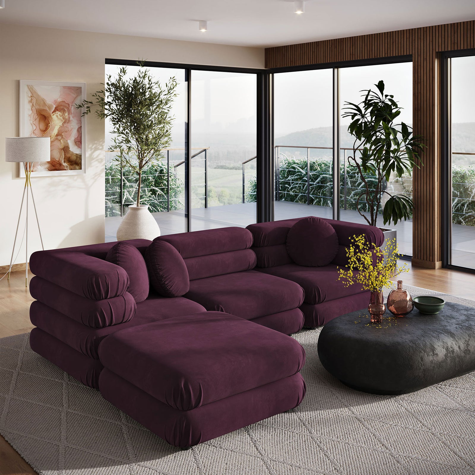 Deep mulberry velvet sectional with chaise invites relaxed lounging in a modern indoor-outdoor inspired living space || EEI-7004-MUL || front_angle_room