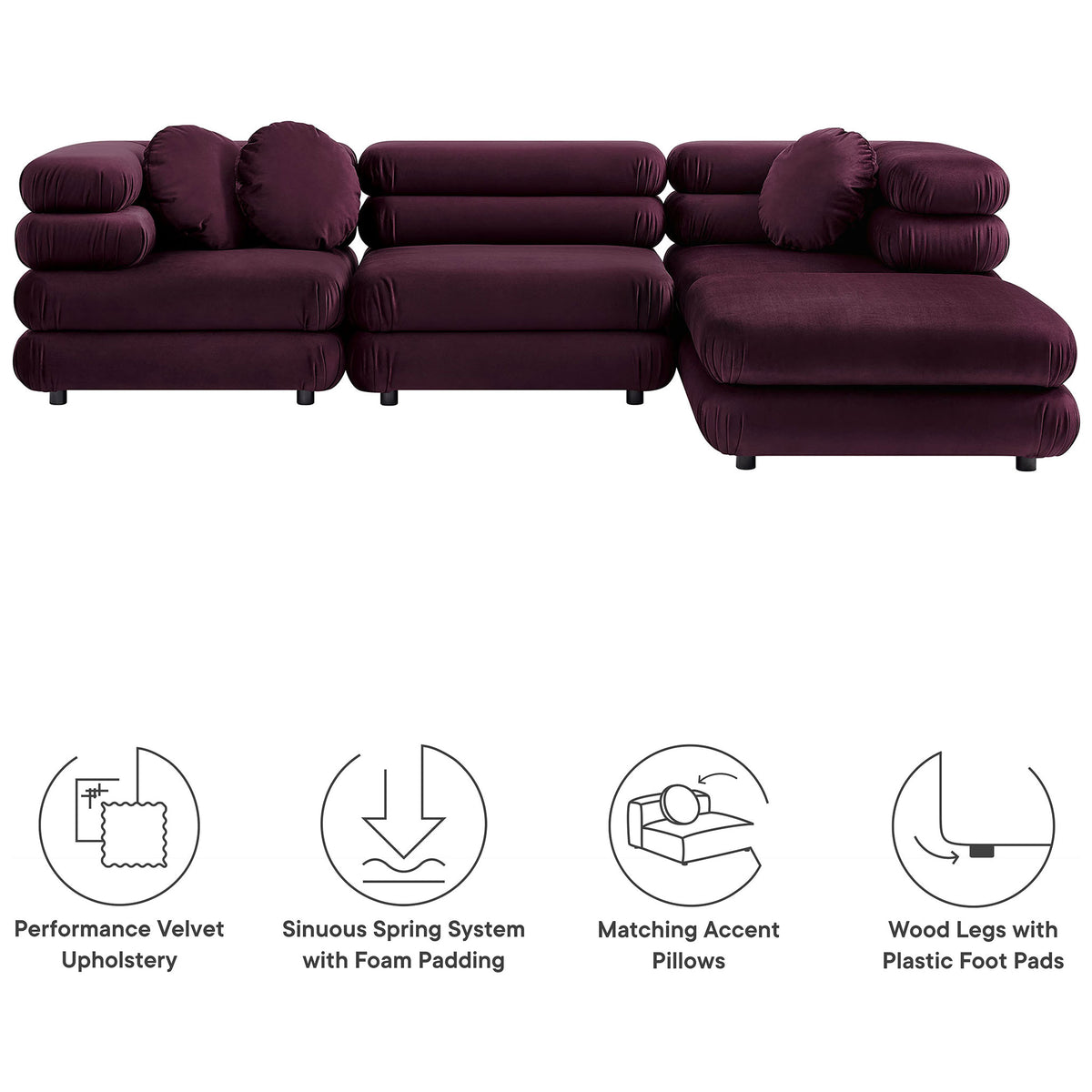 Mulberry performance velvet sectional features sinuous spring support, matching round pillows, and floor-safe feet || EEI-7004-MUL || callout_studio