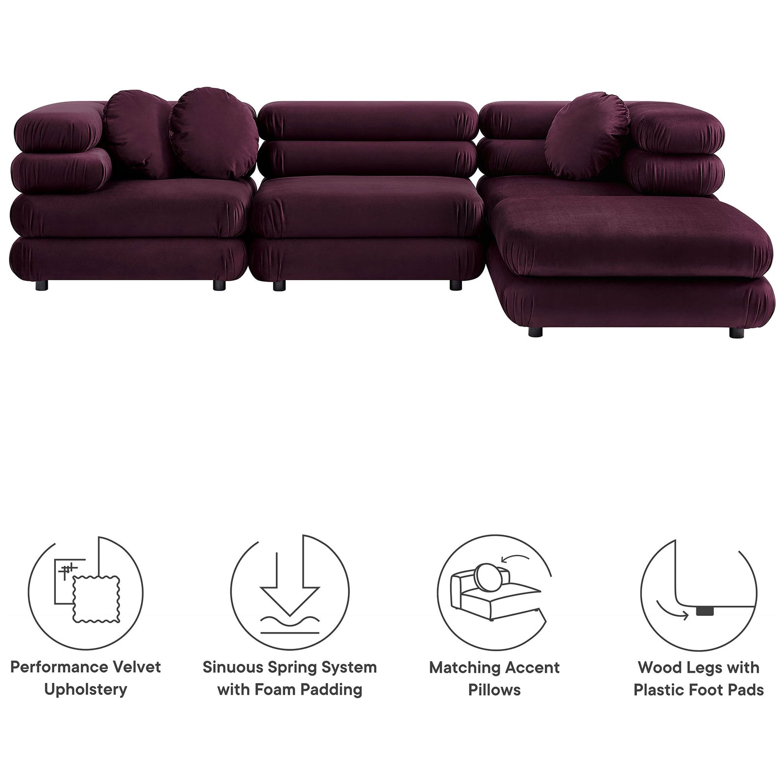 Mulberry performance velvet sectional features sinuous spring support, matching round pillows, and floor-safe feet || EEI-7004-MUL || callout_studio