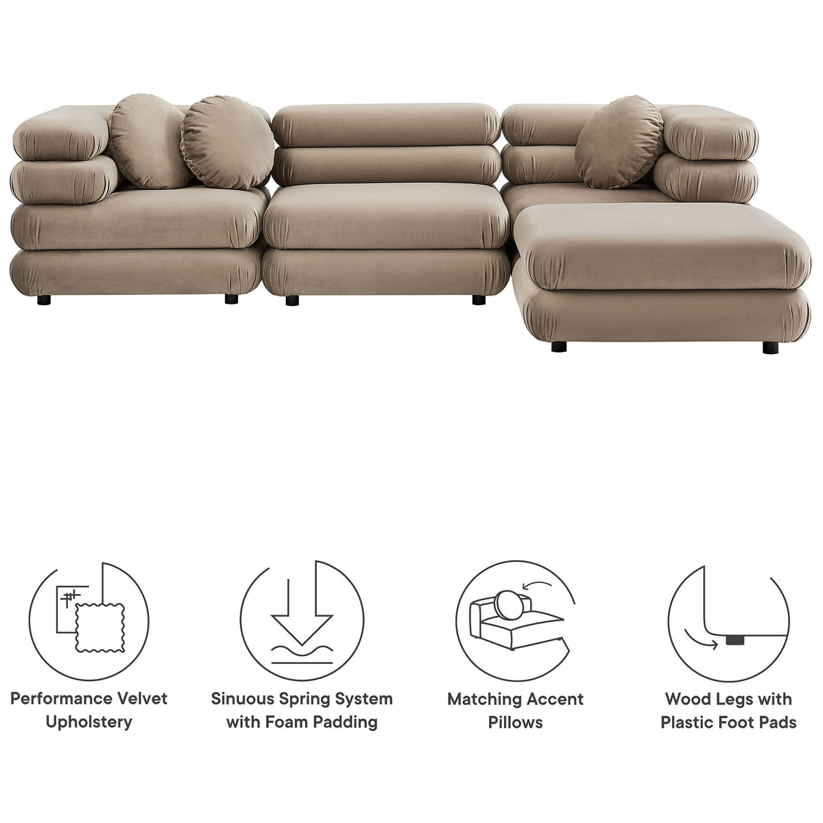 Taupe modular sectional sofa with ottoman and round pillows highlighting comfort features || EEI-7004-TAU || callout_studio
