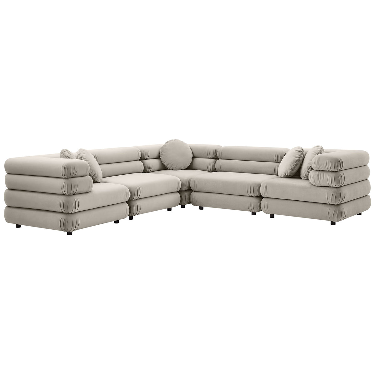 Almond performance velvet L-shaped modular sectional sofa with layered tufted cushions and round pillows || EEI-7005-ALM || front_angle_studio