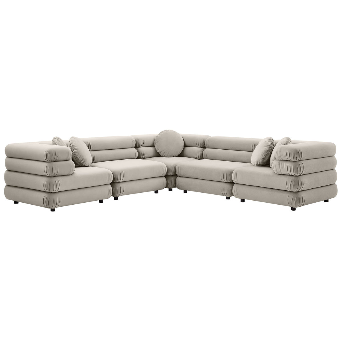 Low-profile almond modular sectional sofa with rounded stacked seat cushions and coordinating round throw pillows || EEI-7005-ALM || front_angle_studio