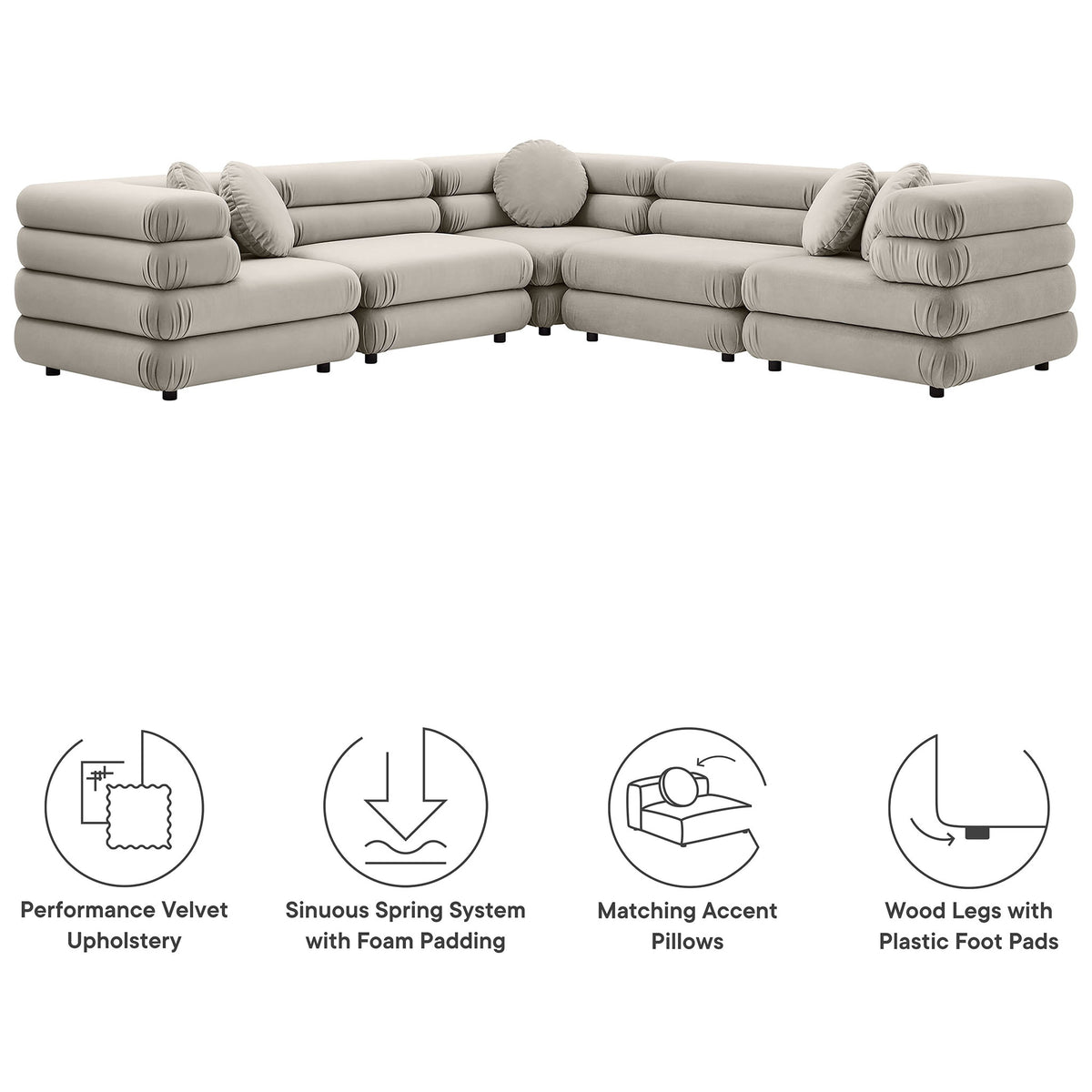 Almond sectional sofa highlighting performance velvet upholstery, sinuous spring support, pillows, and foot pads || EEI-7005-ALM || callout_studio