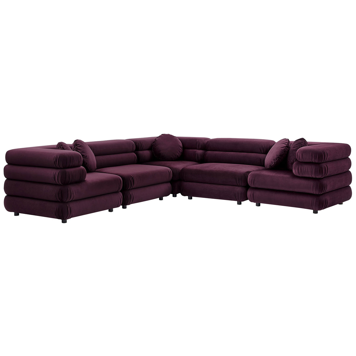 Mulberry velvet modular sectional with stacked barrel cushions and five matching round pillows || EEI-7005-MUL || front_studio