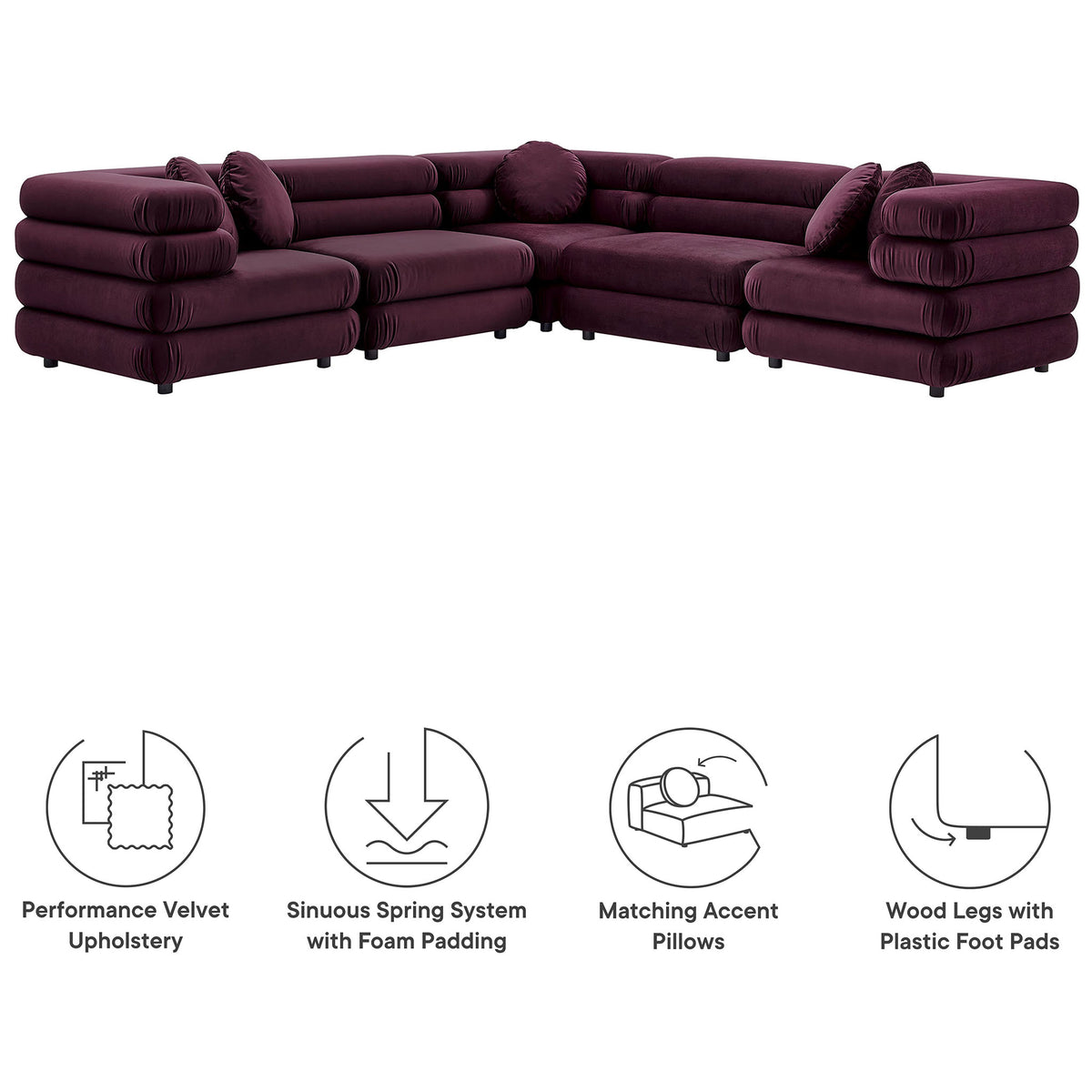Mulberry velvet sectional highlighting supportive spring seating, matching accent pillows, and protective foot pads || EEI-7005-MUL || callout_studio