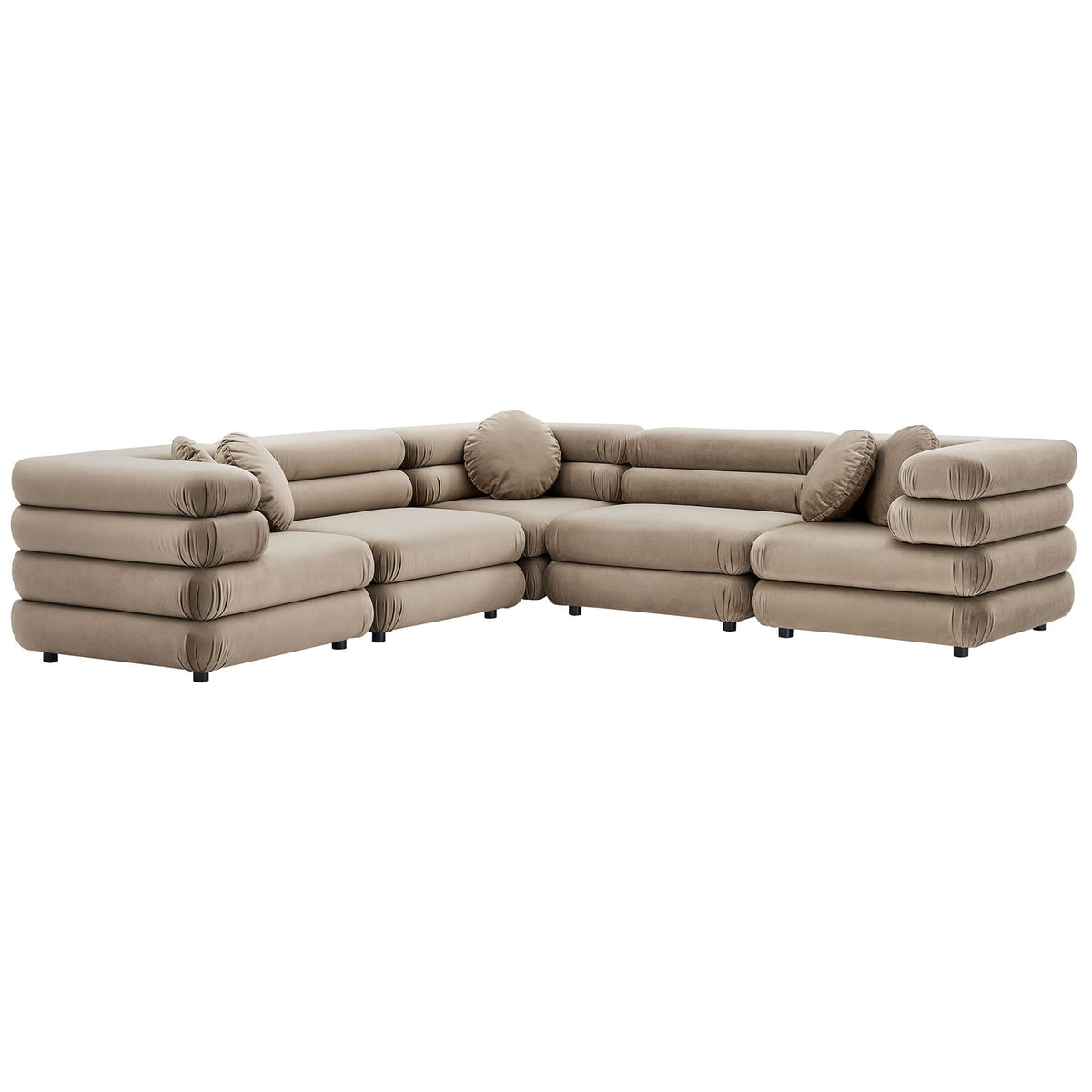 Taupe performance velvet modular sectional with layered tufted cushions and coordinating round accent pillows || EEI-7005-TAU || front_angle_studio