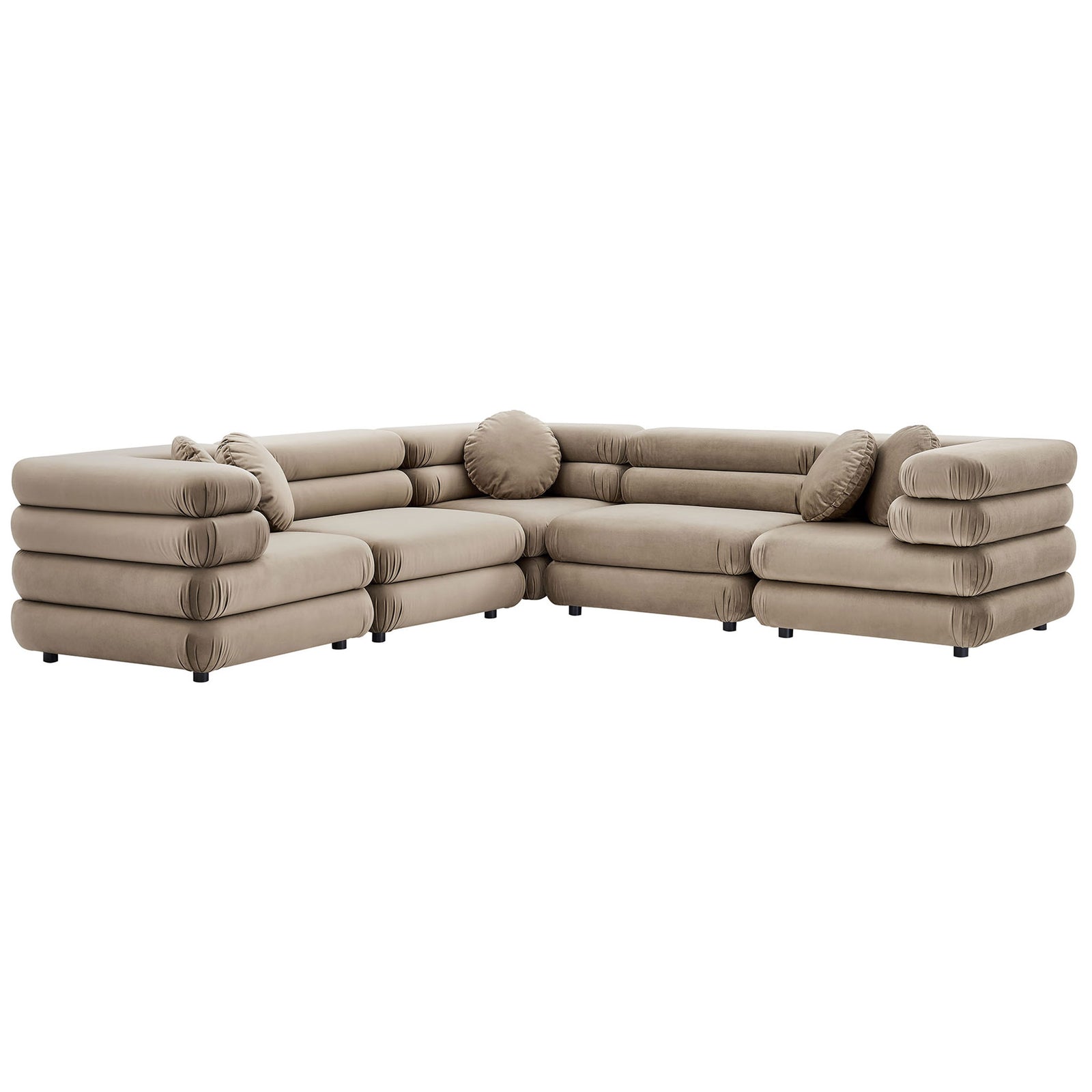Taupe performance velvet modular sectional with layered tufted cushions and coordinating round accent pillows || EEI-7005-TAU || front_angle_studio