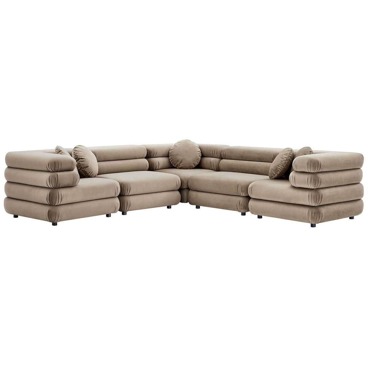 L-shaped taupe velvet sectional sofa showcasing plush stacked cushions and low-profile silhouette || EEI-7005-TAU || front_angle_studio