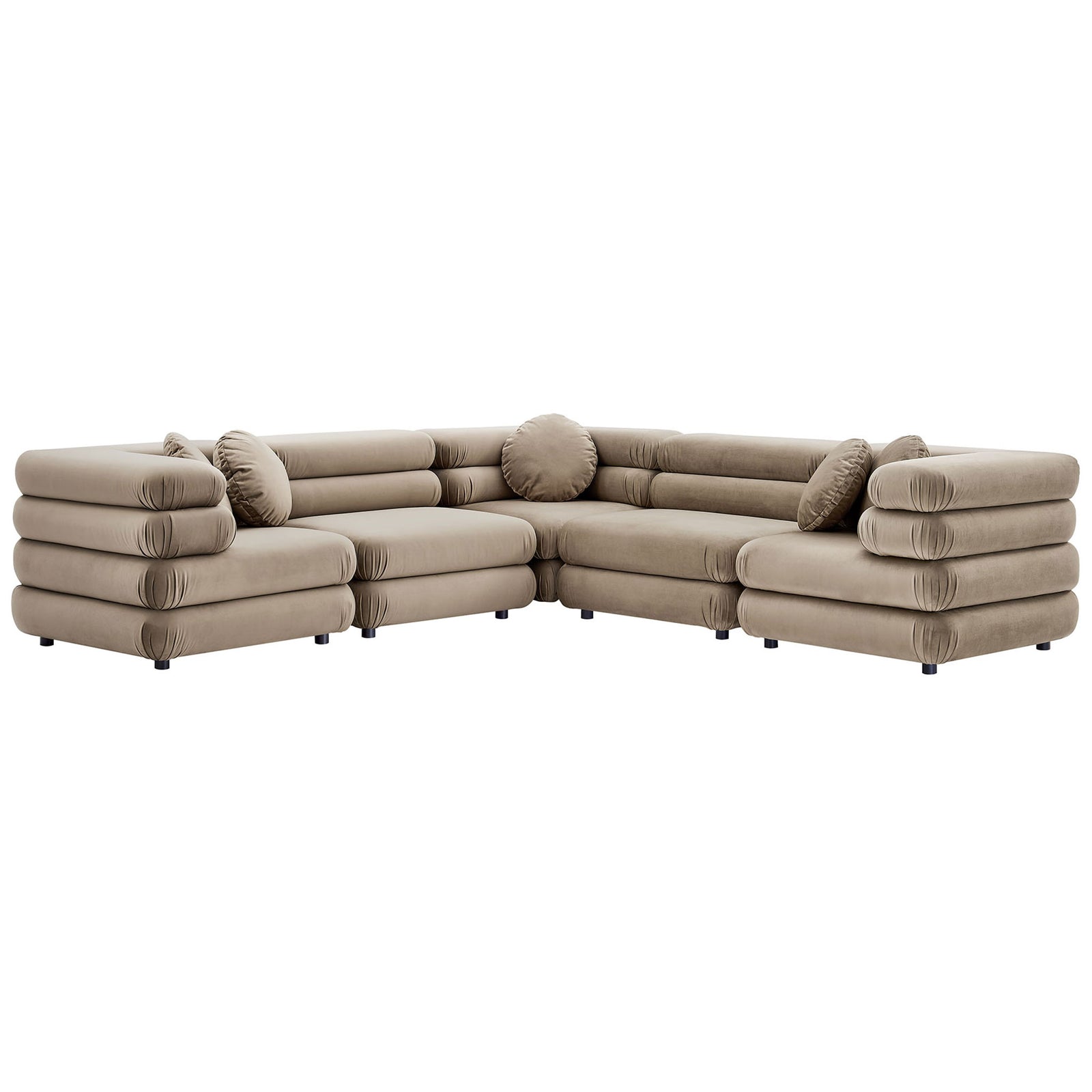 L-shaped taupe velvet sectional sofa showcasing plush stacked cushions and low-profile silhouette || EEI-7005-TAU || front_angle_studio