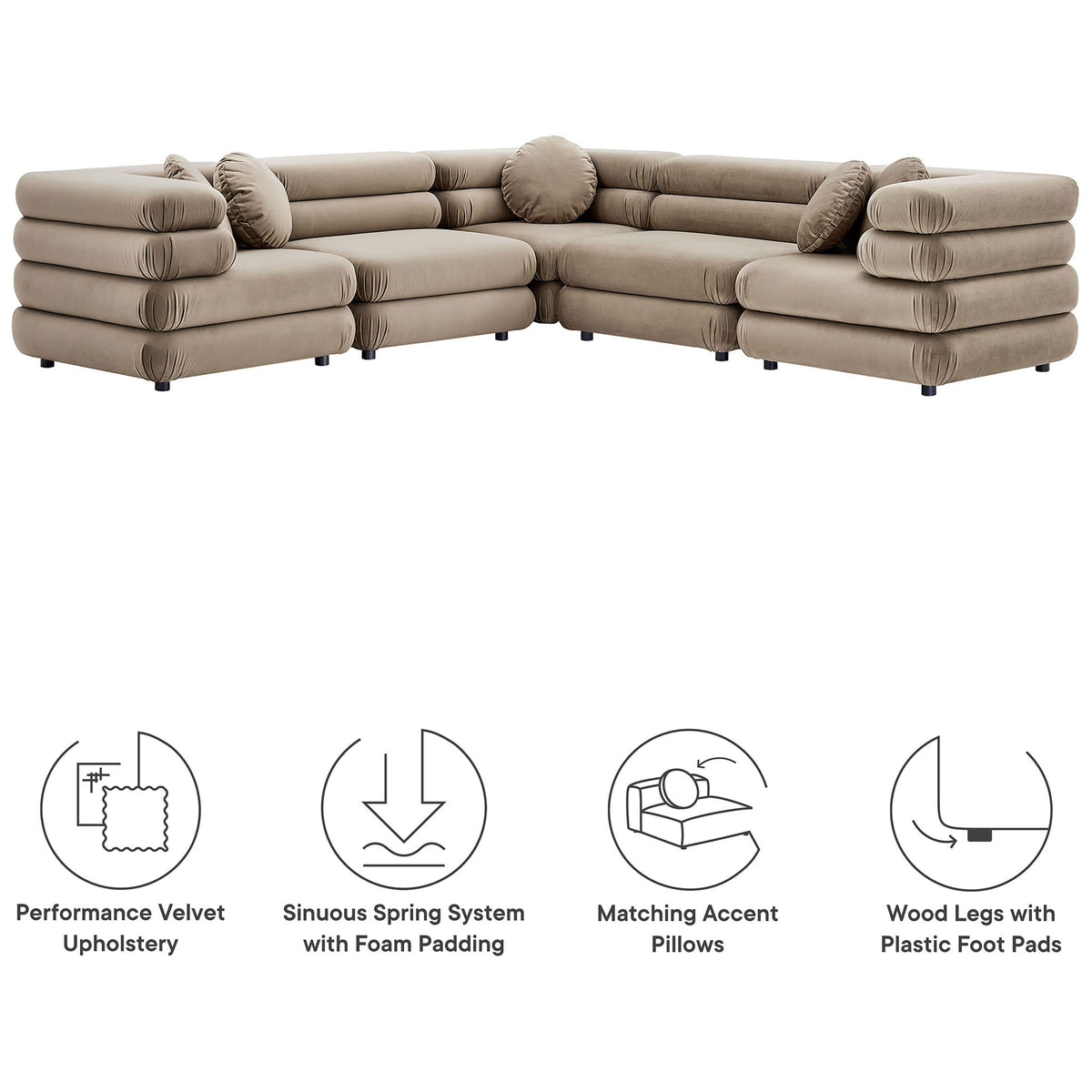 Taupe modular sectional with velvet upholstery, accent pillows, and icons highlighting supportive spring system || EEI-7005-TAU || callout_studio