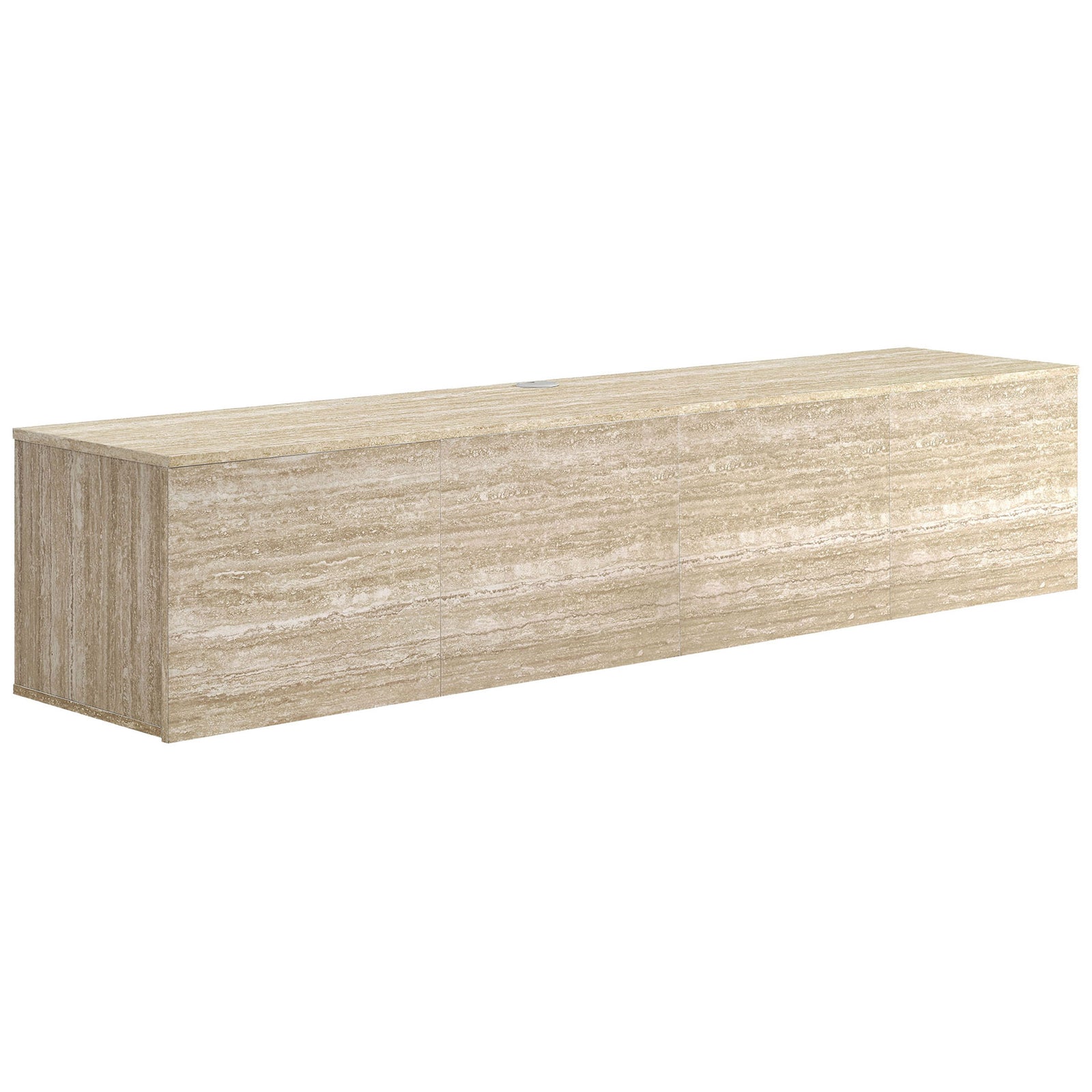 Wide travertine floating TV stand showcasing long, low profile and generous top surface for decor || EEI-7006-TRA || front_angle_studio