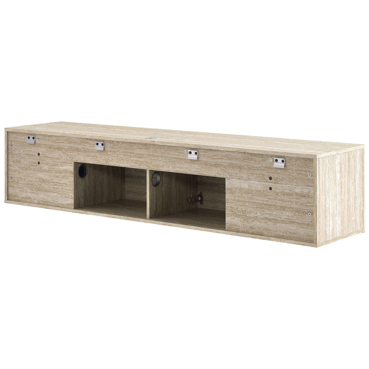 Back of the TV stand with mounting brackets and open cable passages for easy installation || EEI-7006-TRA || back_angle_studio