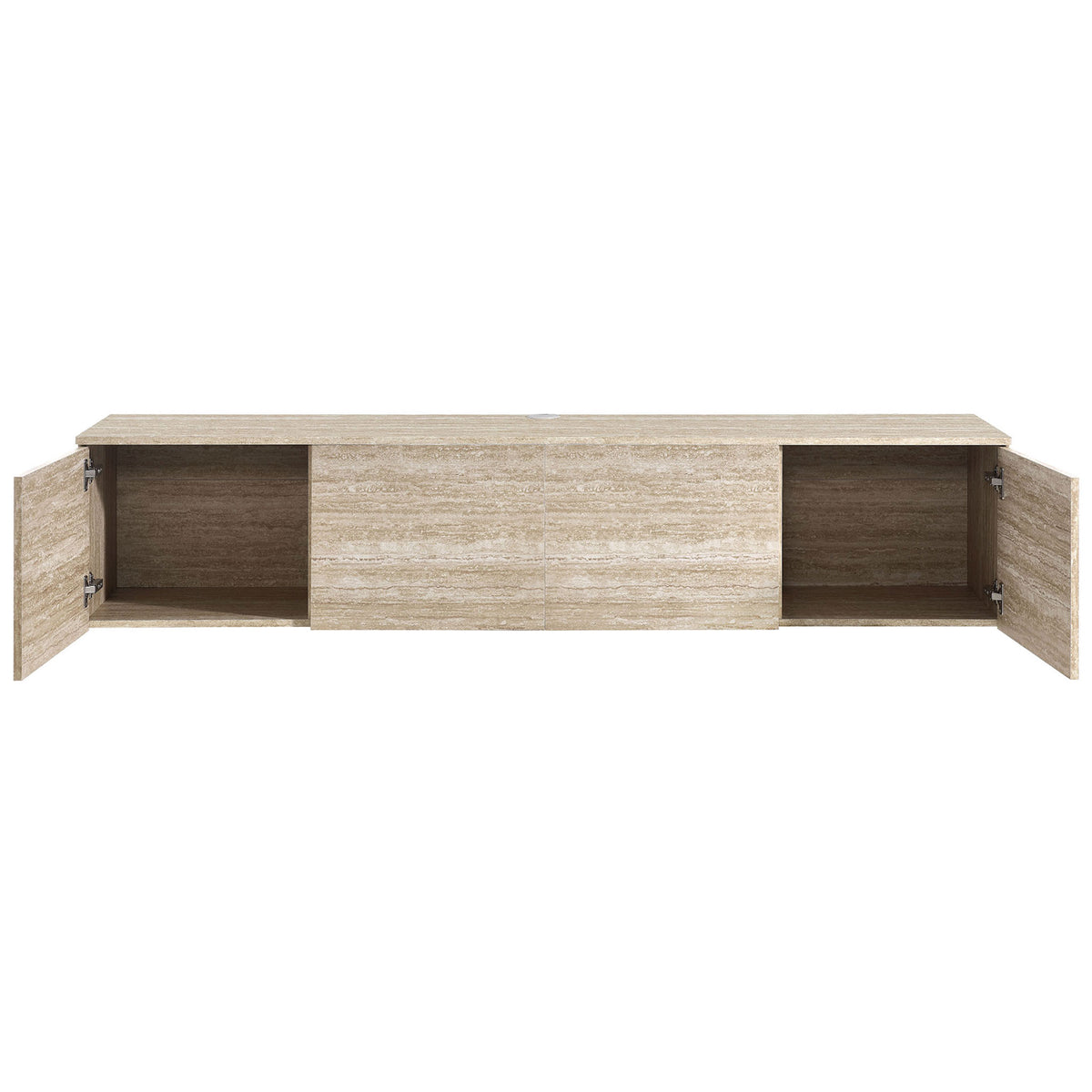 Floating TV console with outer doors open to reveal spacious interior shelving for media storage || EEI-7006-TRA || front_open_studio