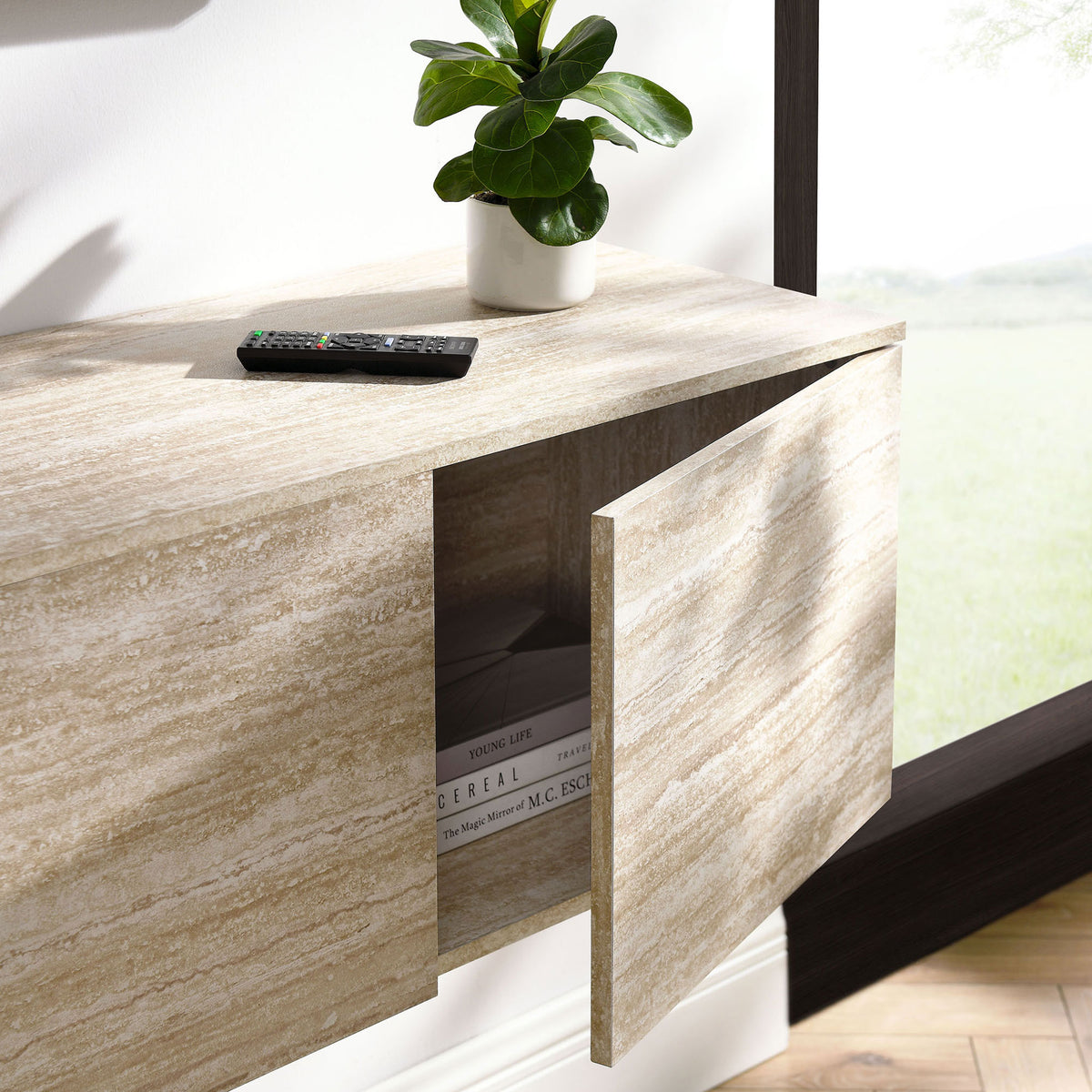 Open cabinet door revealing interior storage, styled with everyday items on the floating console || EEI-7006-TRA || storage_open_room