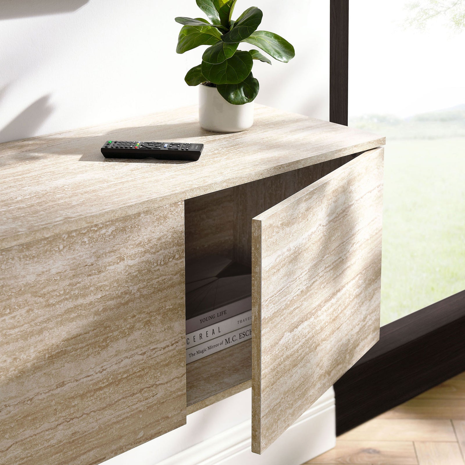 Open cabinet door revealing interior storage, styled with everyday items on the floating console || EEI-7006-TRA || storage_open_room